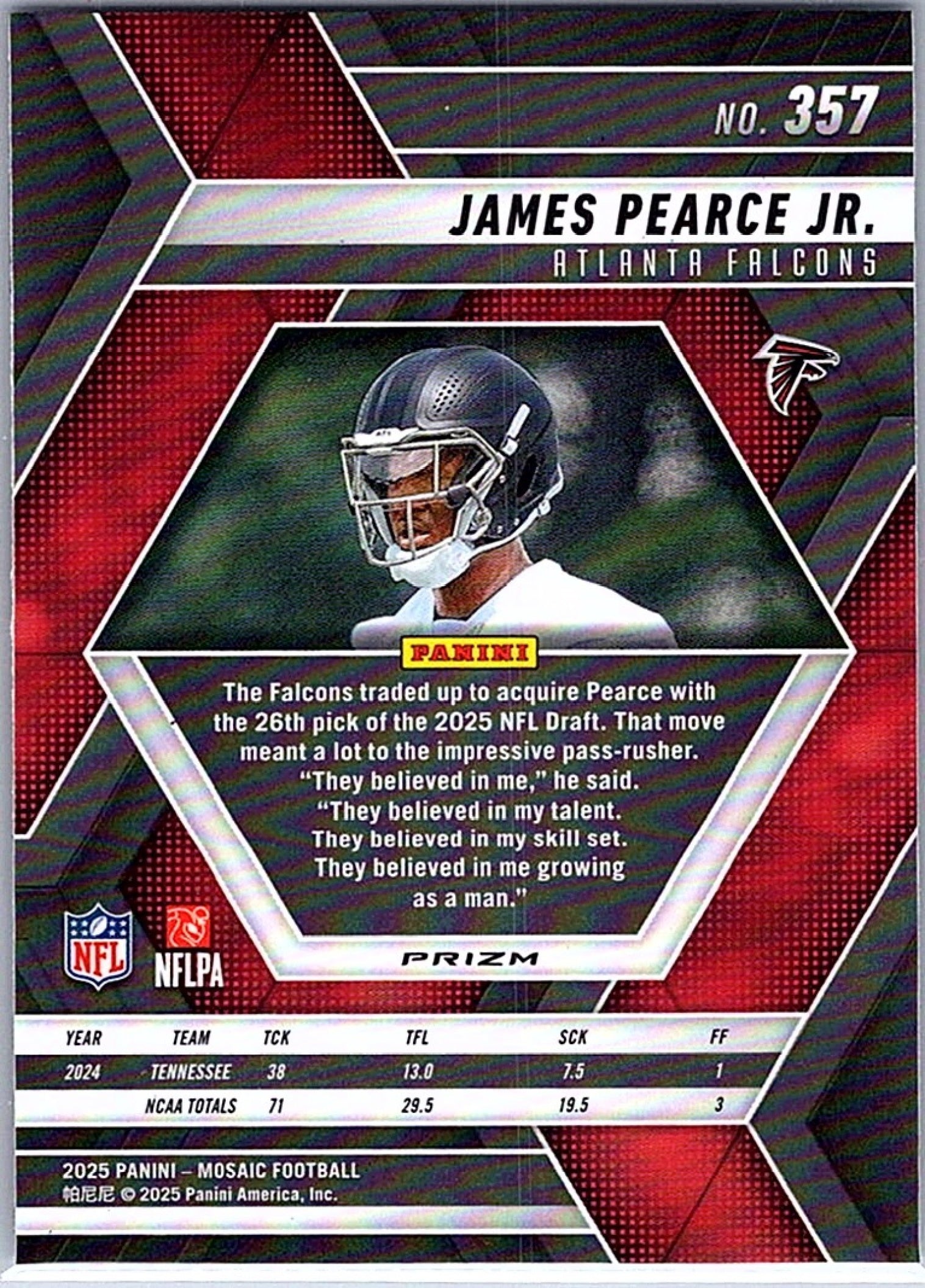2025 Panini Mosaic JAMES PEARCE JR. #357 Rookies Camo Pink Prizm RC Falcons