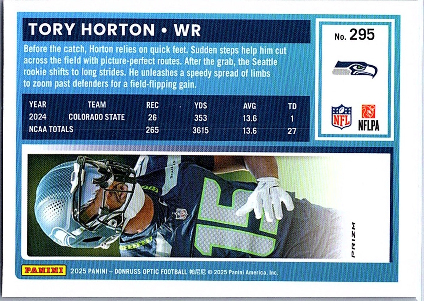 2025 Panini Donruss Optic Tory Horton #295 Blue Hyper Prizm Rated Rookie