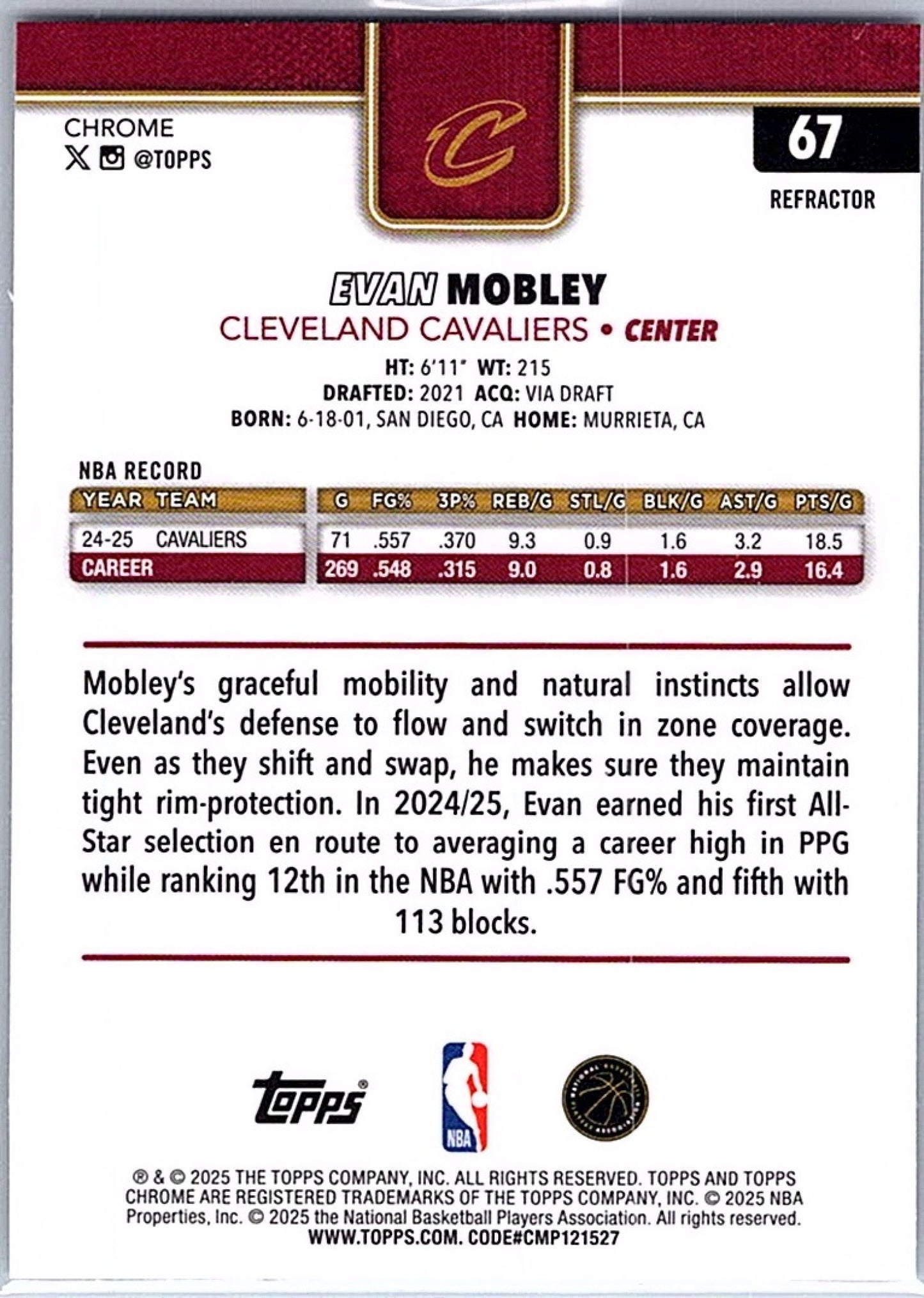 2025-26 Topps Chrome EVAN MOBLEY #67 Refractor Cavaliers
