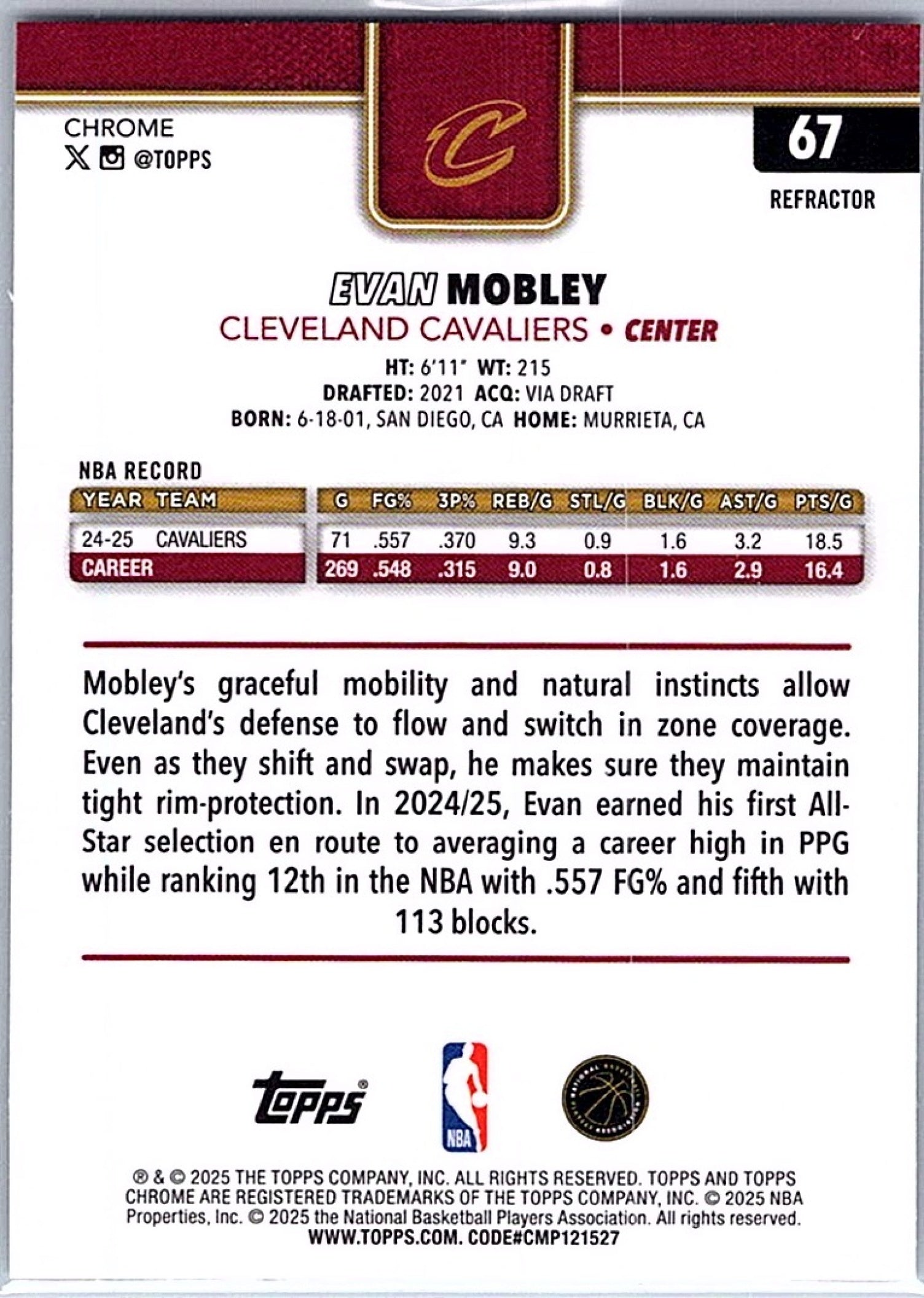 2025-26 Topps Chrome EVAN MOBLEY #67 Refractor Cavaliers