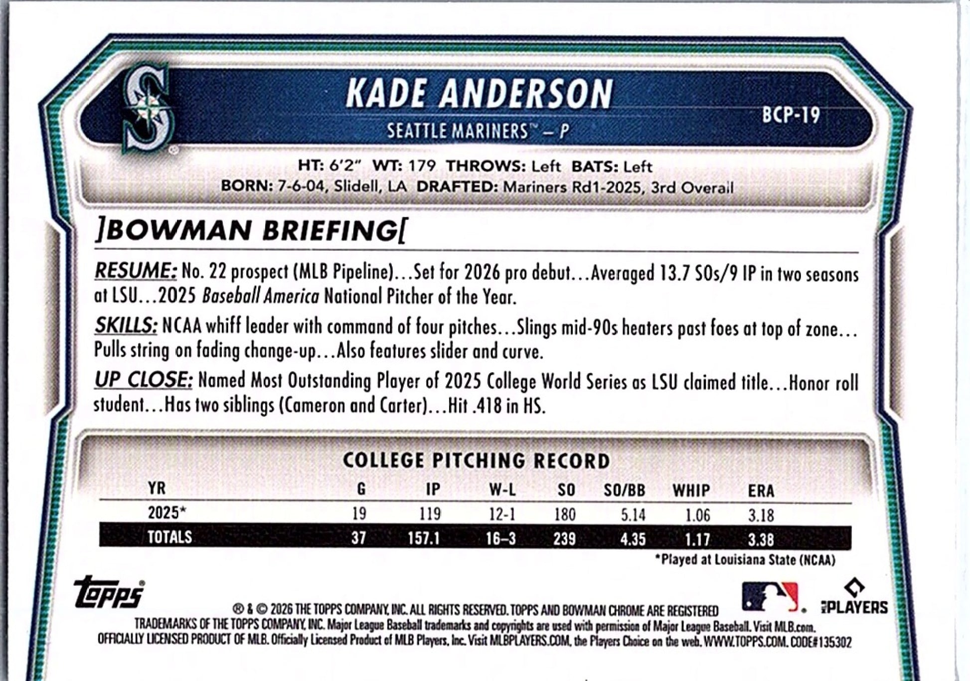 2026 Bowman KADE ANDERSON #BCP-19 Mariners Baseball RC Card