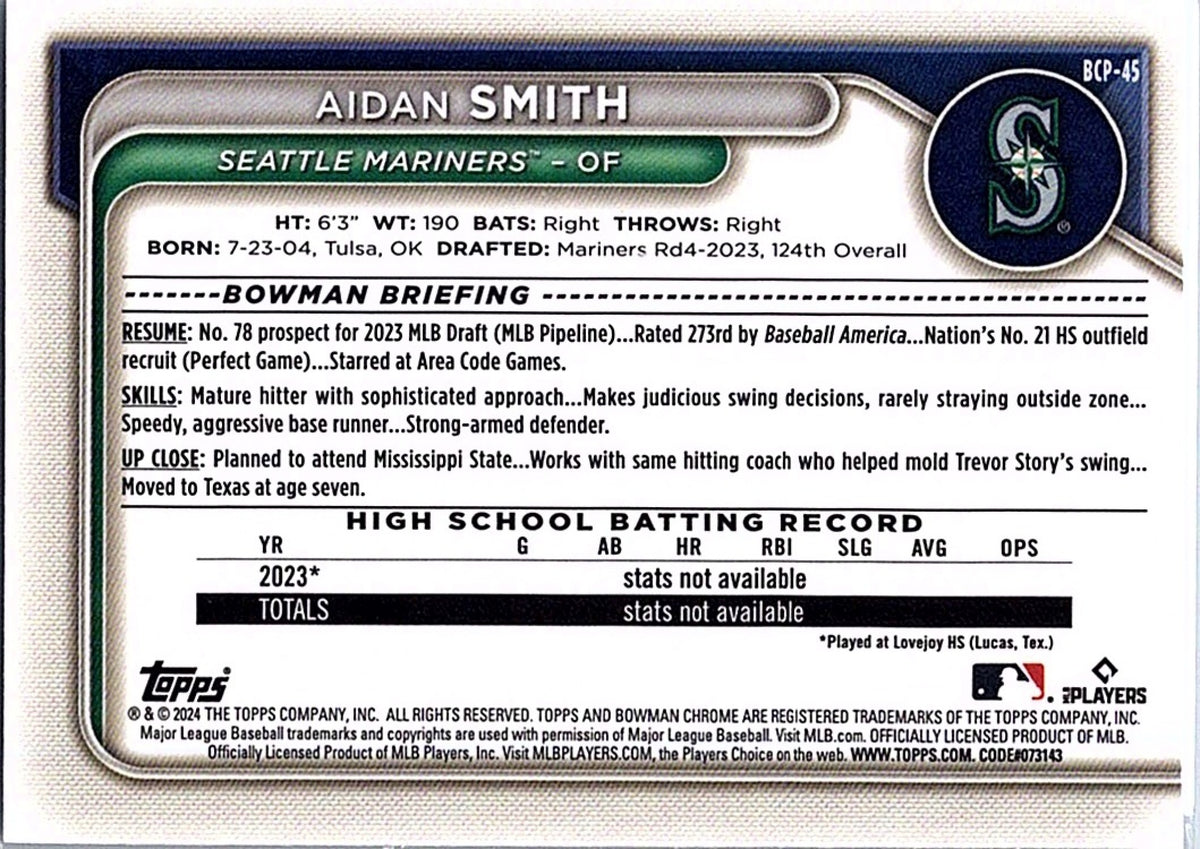 2024 Bowman AIDAN SMITH #BCP-45 1st Prospect Mariners