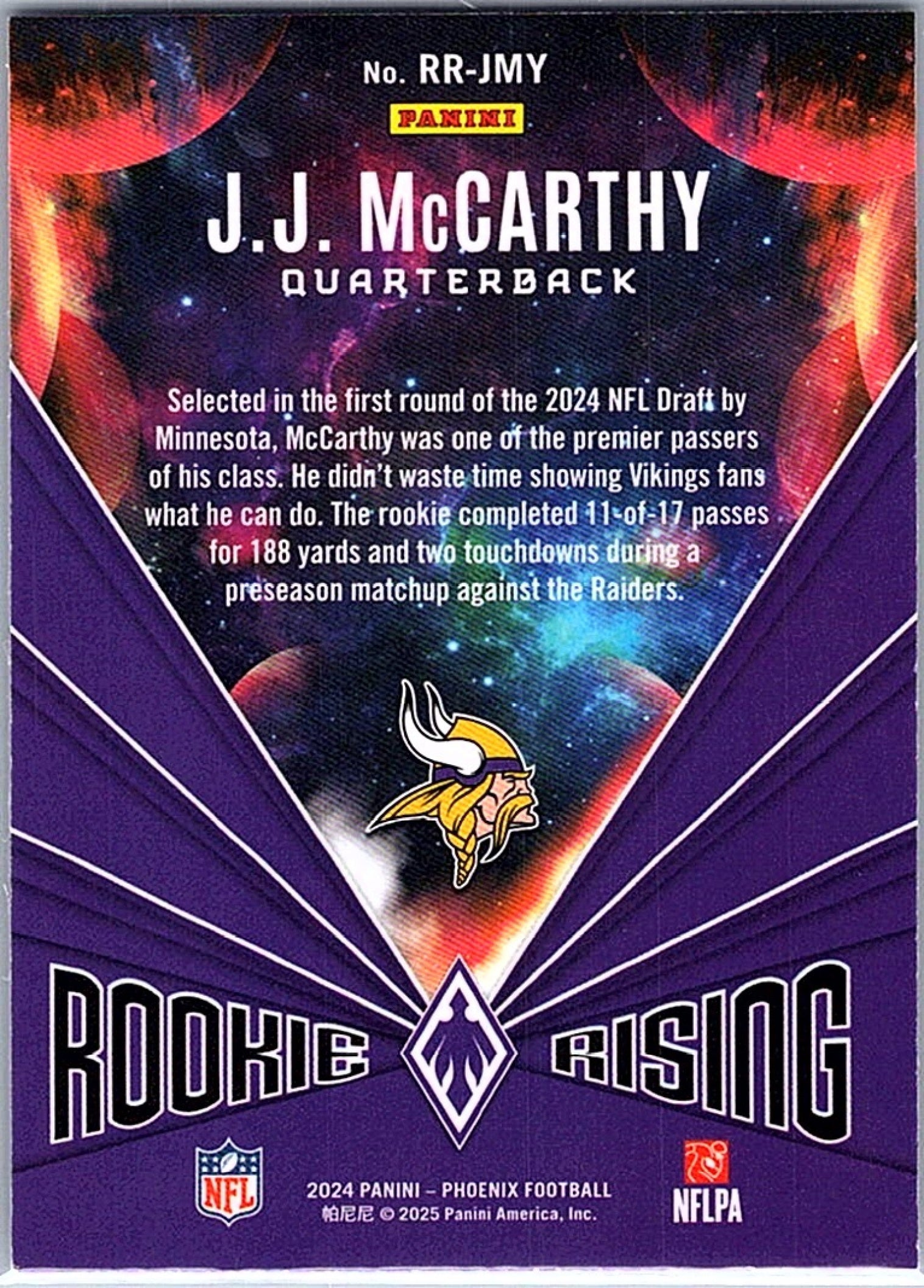 2024 Panini Phoenix J.J. MCCARTHY #RR-JMY Rookie Rising RC Vikings