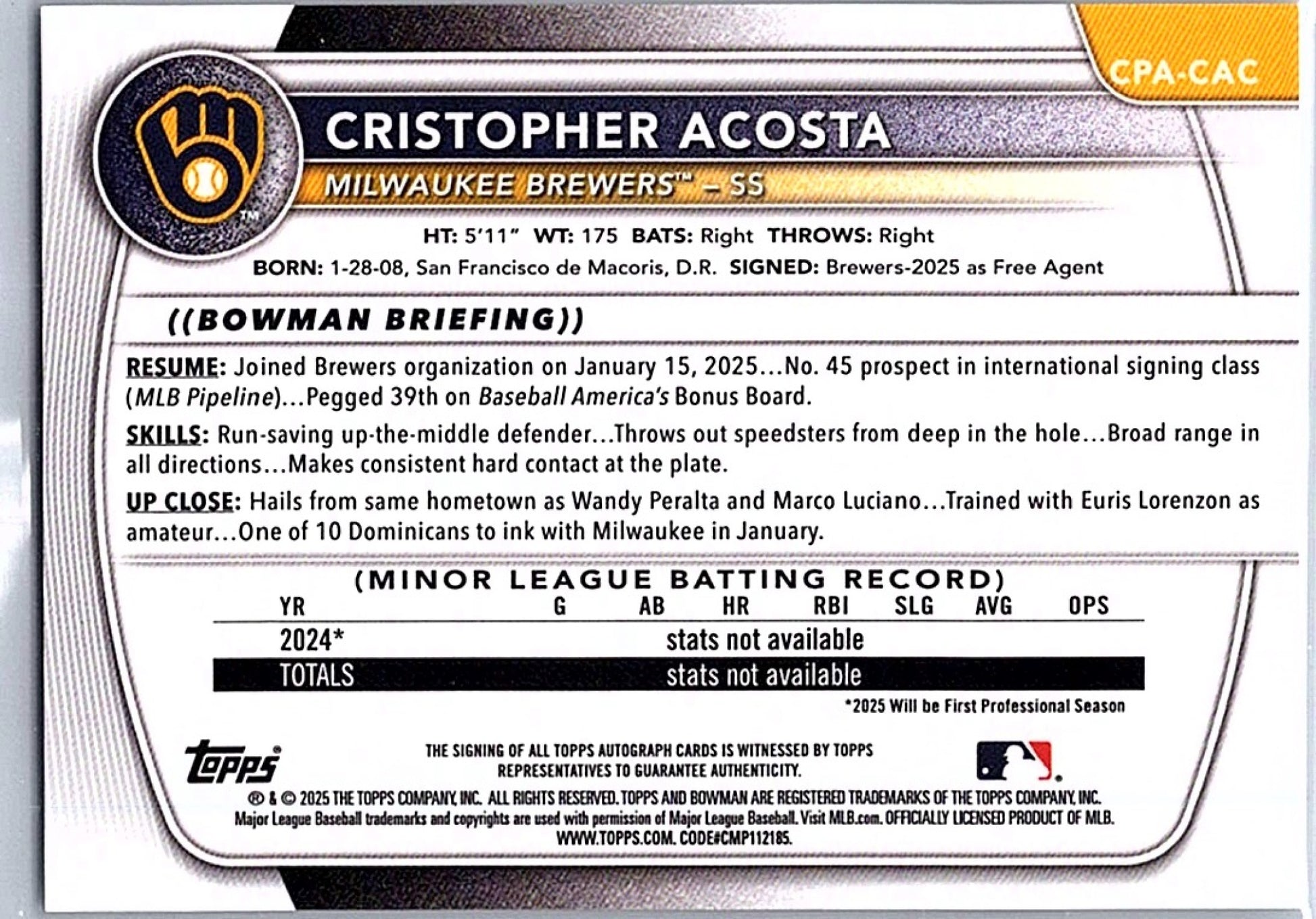 2025 Bowman Chrome CRISTOPHER ACOSTA #CPA-CAC 1st Prospect Auto Brewers
