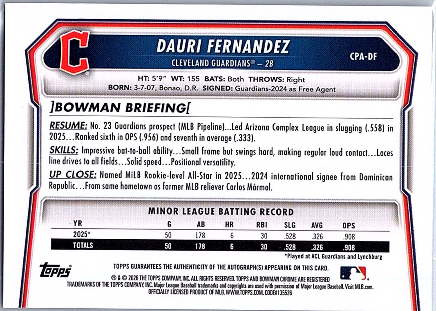 2026 Bowman DAURI FERNANDEZ #CPA-DF 1st Prospect Auto Guardians Baseball RC