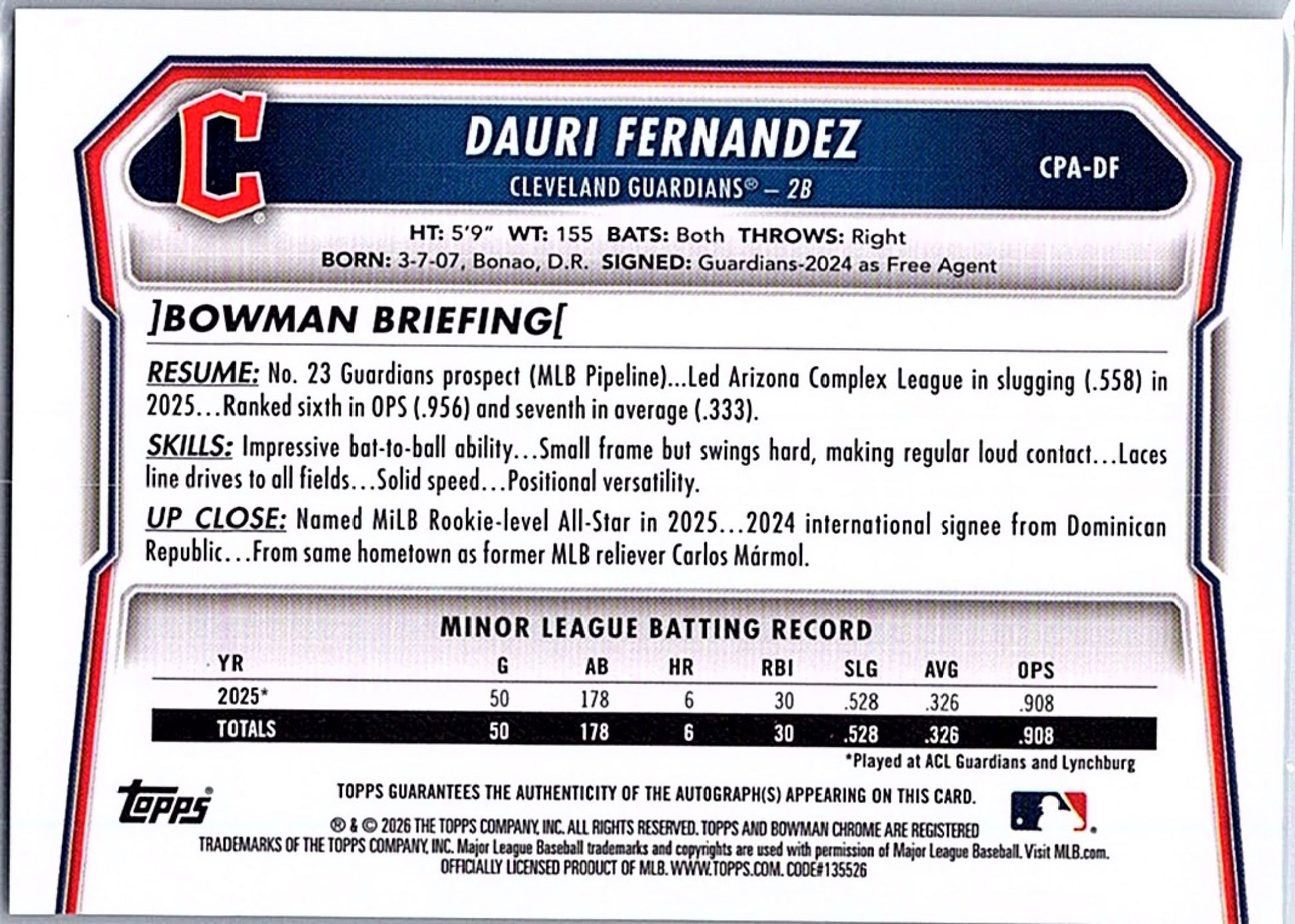2026 Bowman DAURI FERNANDEZ #CPA-DF 1st Prospect Auto Guardians Baseball RC