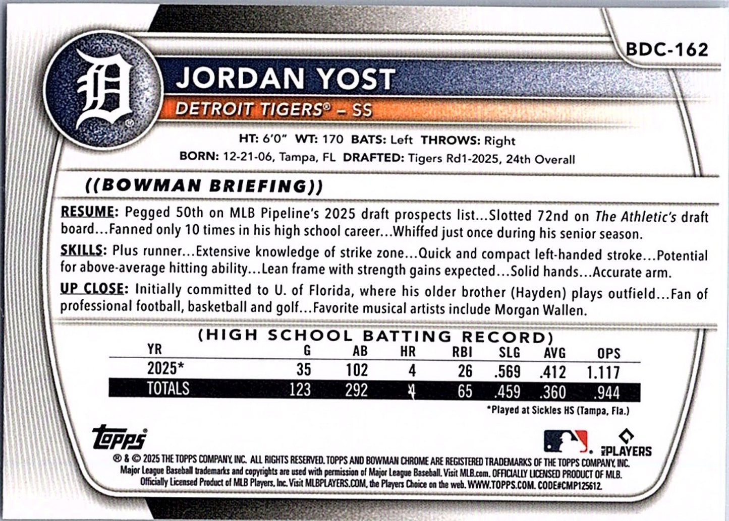 2025 Bowman Draft JORDAN YOST #BDC-162 1st Prospect Tigers Baseball RC Card