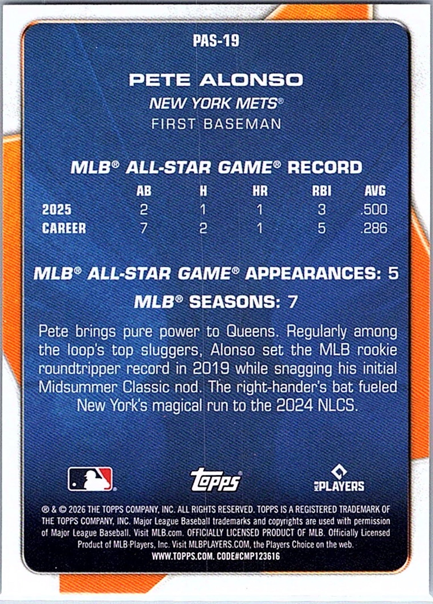 2026 Topps Series 1 PETE ALONSO #PAS-19 Mets