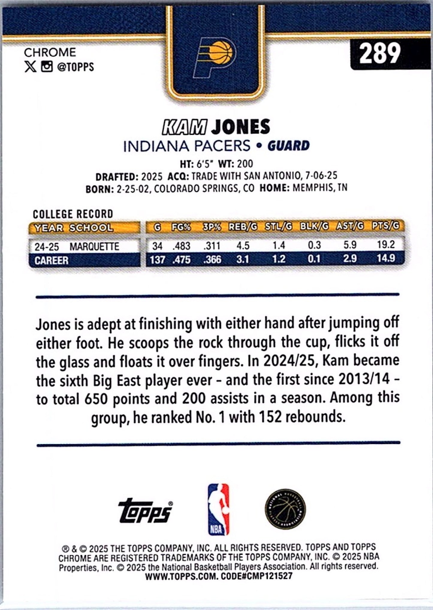 2025-26 Topps Chrome KAM JONES #289 Prism Refractor RC Pacers