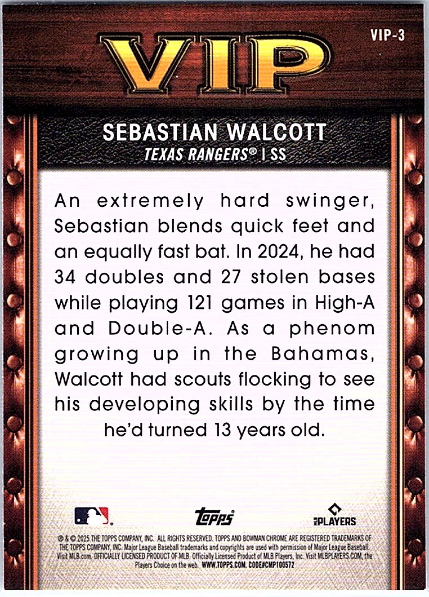 2025 Bowman SEBASTIAN WALCOTT #VIP-3 Rangers