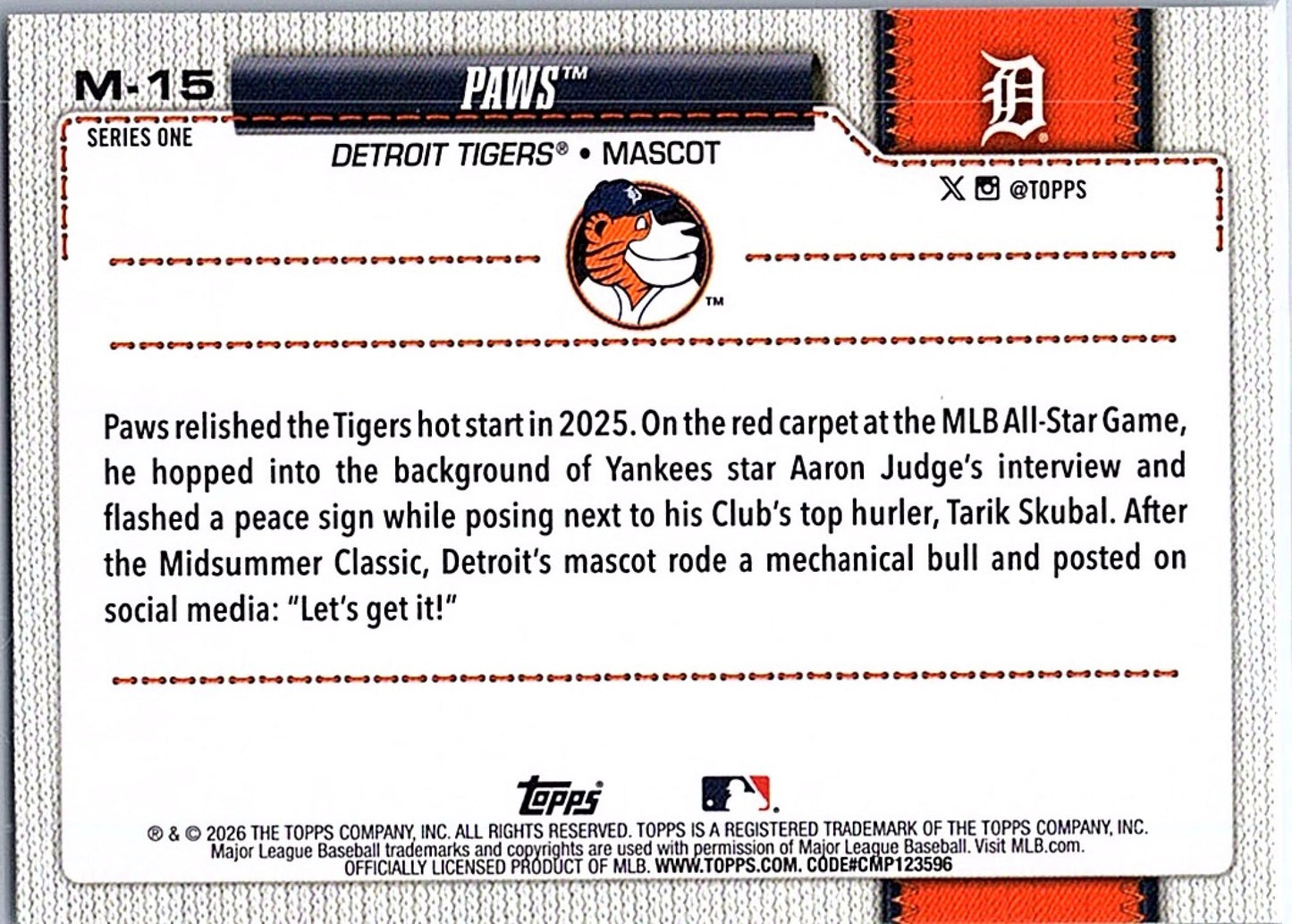 2026 Topps Series 1 PAWS #M-15 Tigers