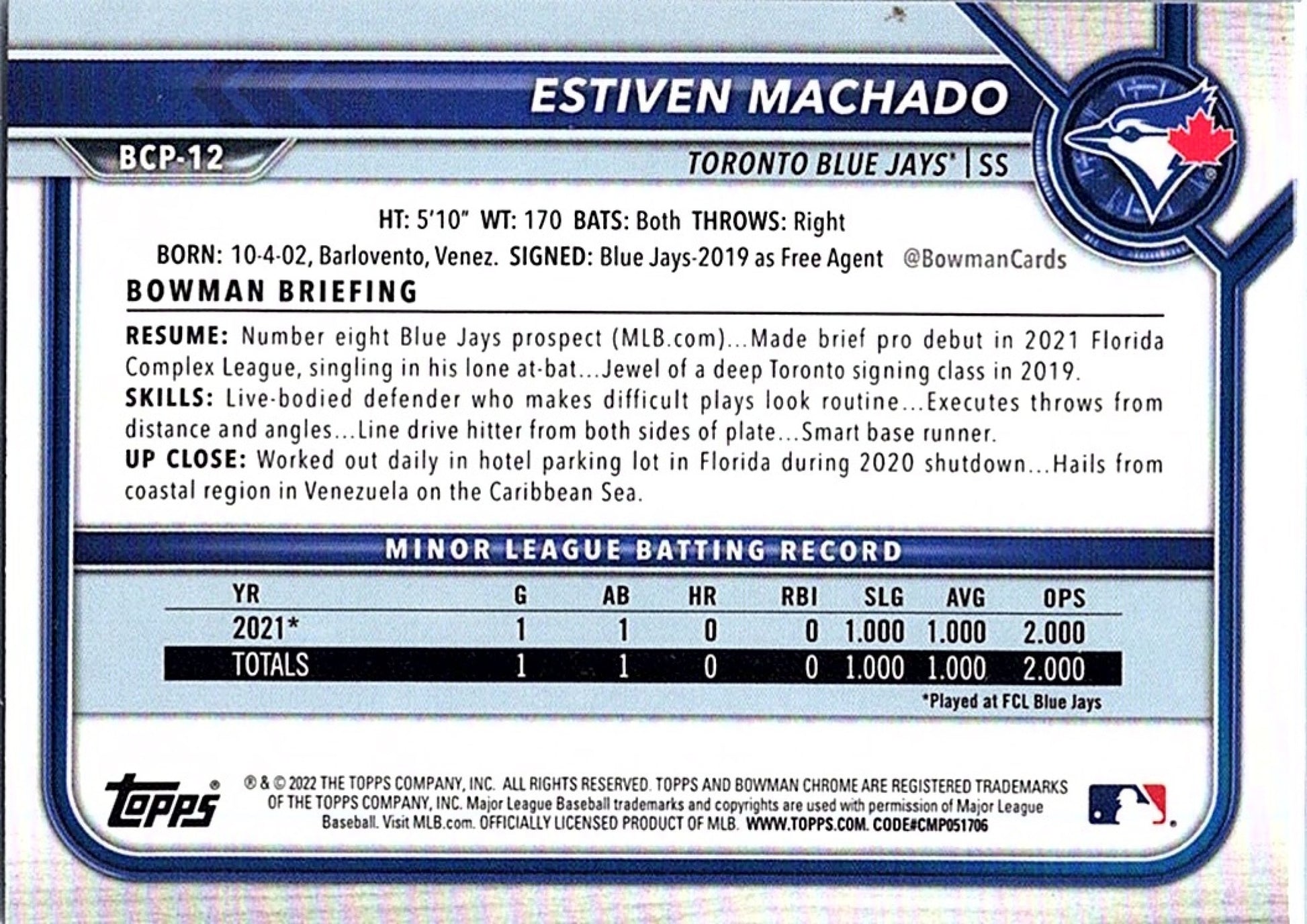 2022 Bowman ESTIVEN MACHADO #BCP-12 1st Prospect Blue Jays