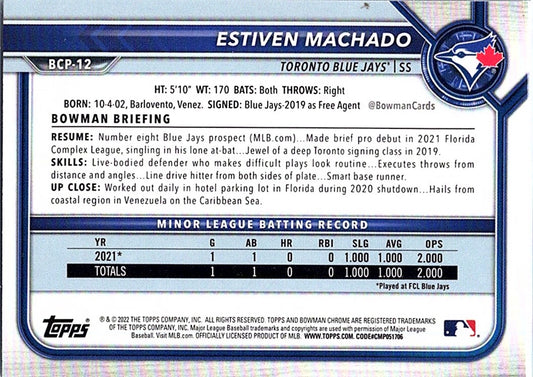 2022 Bowman ESTIVEN MACHADO #BCP-12 1st Prospect Blue Jays
