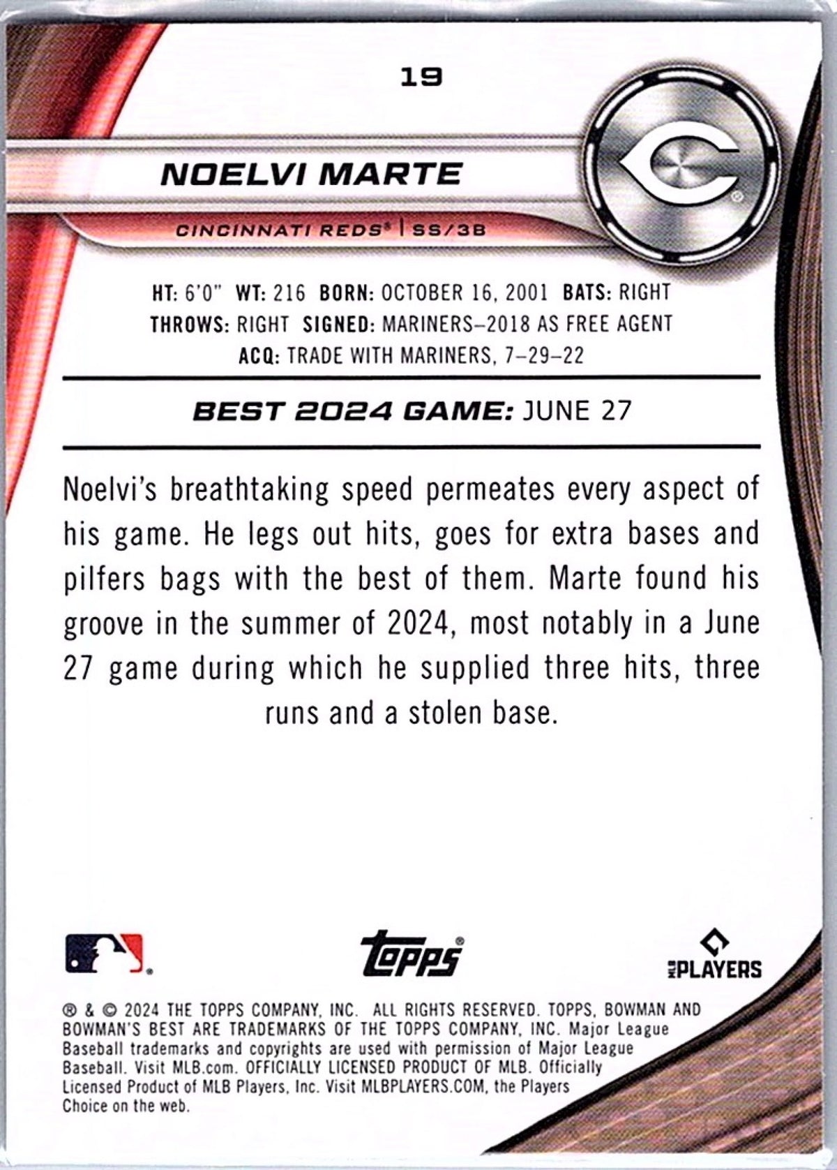 2024 Bowman's Best NOELVI MARTE #19 RC Reds
