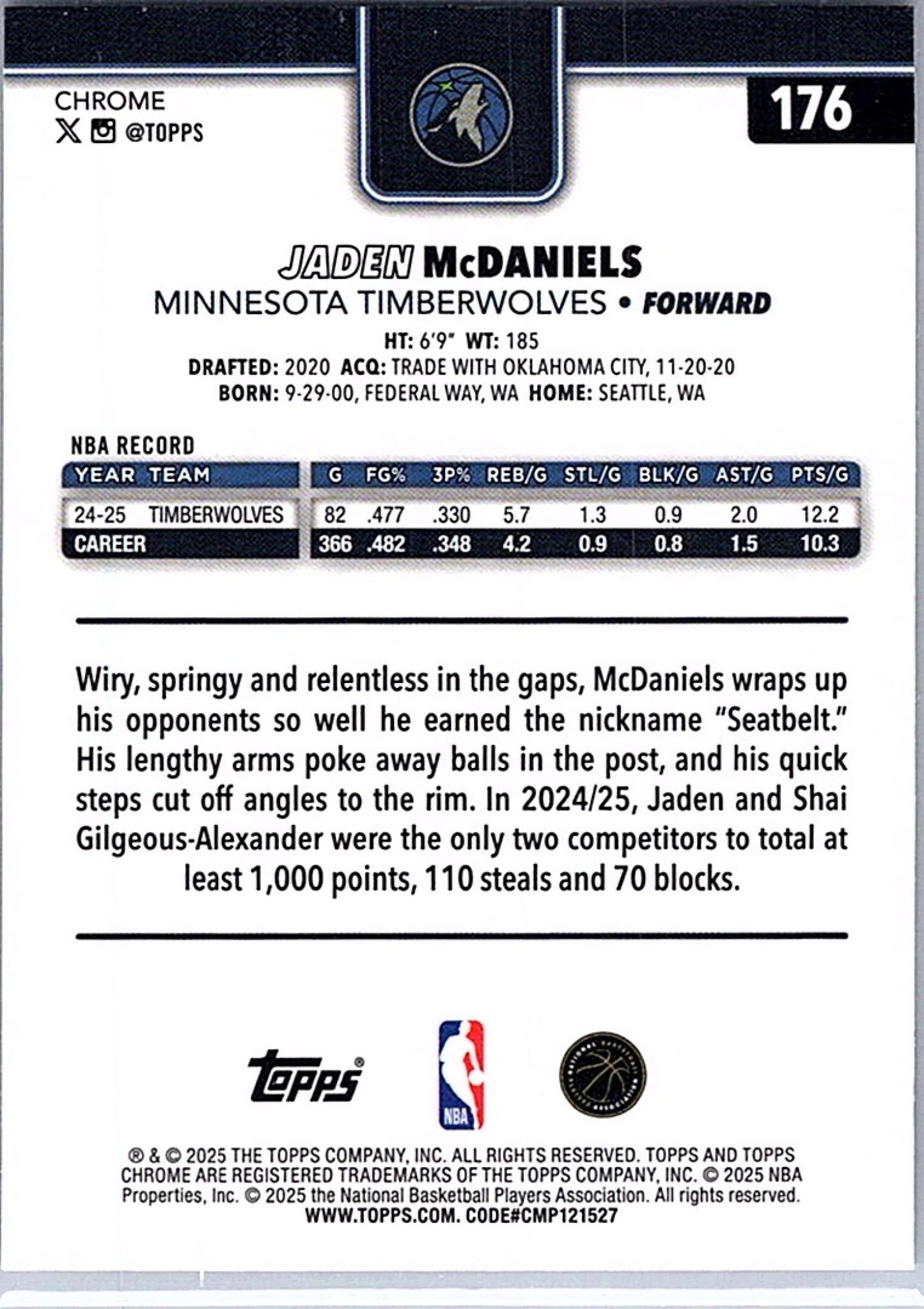 2025-26 Topps Chrome JADEN MCDANIELS #176 RayWave Refractor Timberwolves