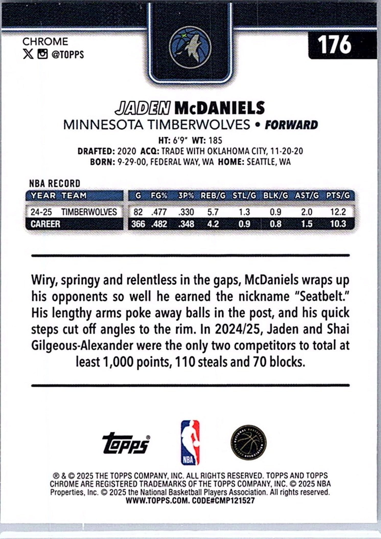 2025-26 Topps Chrome JADEN MCDANIELS #176 RayWave Refractor Timberwolves