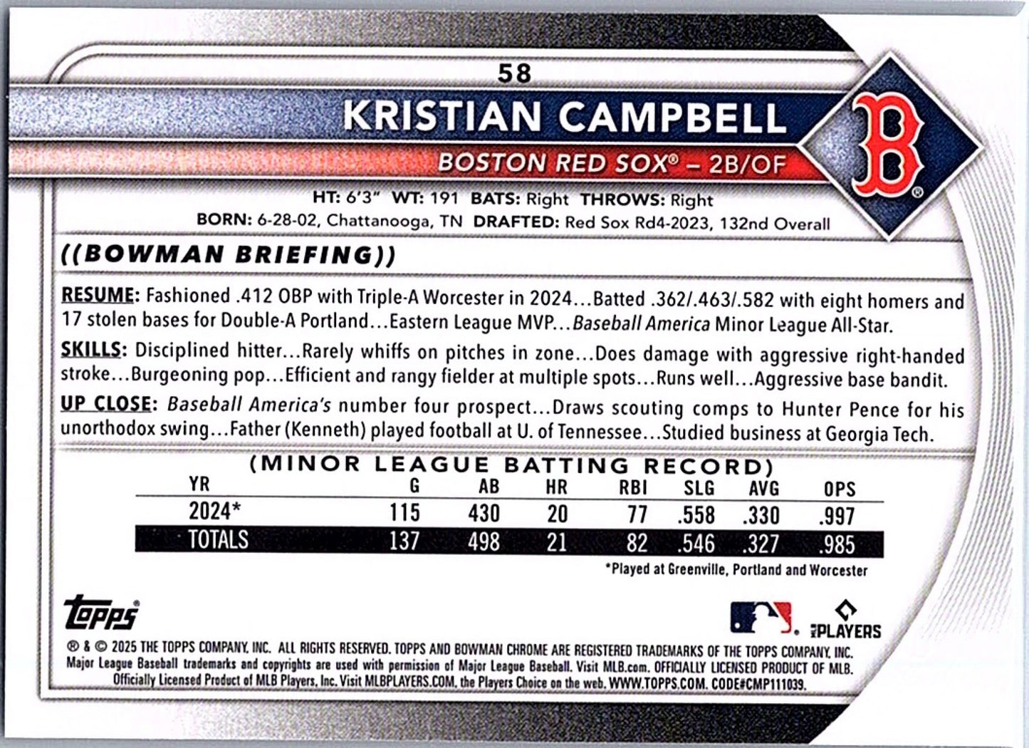 2025 Bowman Chrome Mega Box KRISTIAN CAMPBELL #58 Mojo Refractor RC Red Sox