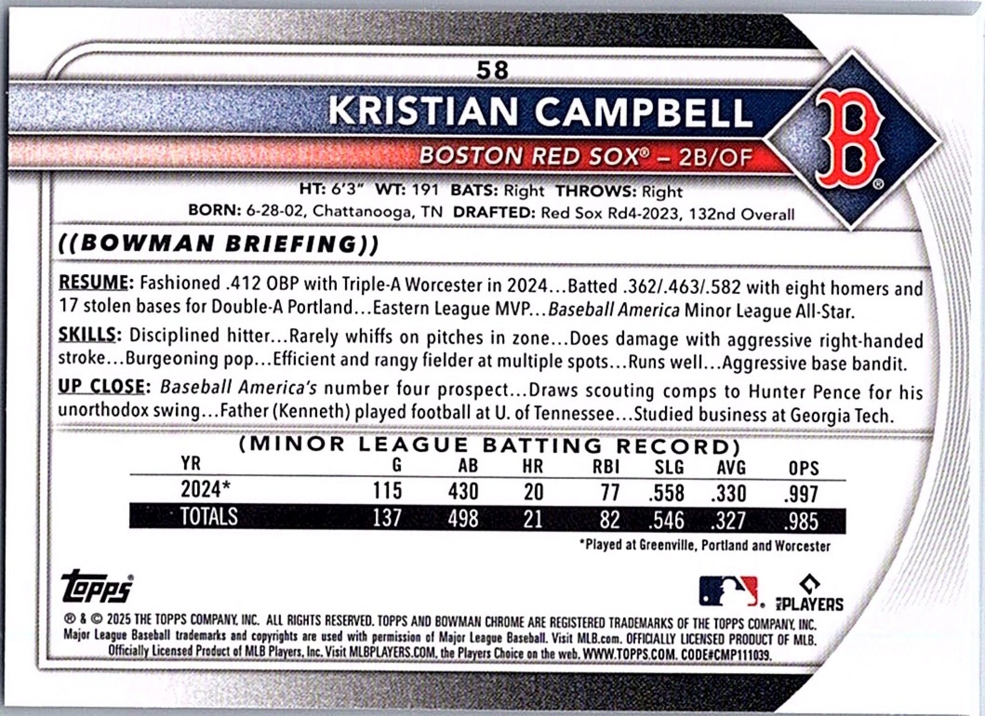 2025 Bowman Chrome Mega Box KRISTIAN CAMPBELL #58 Mojo Refractor RC Red Sox