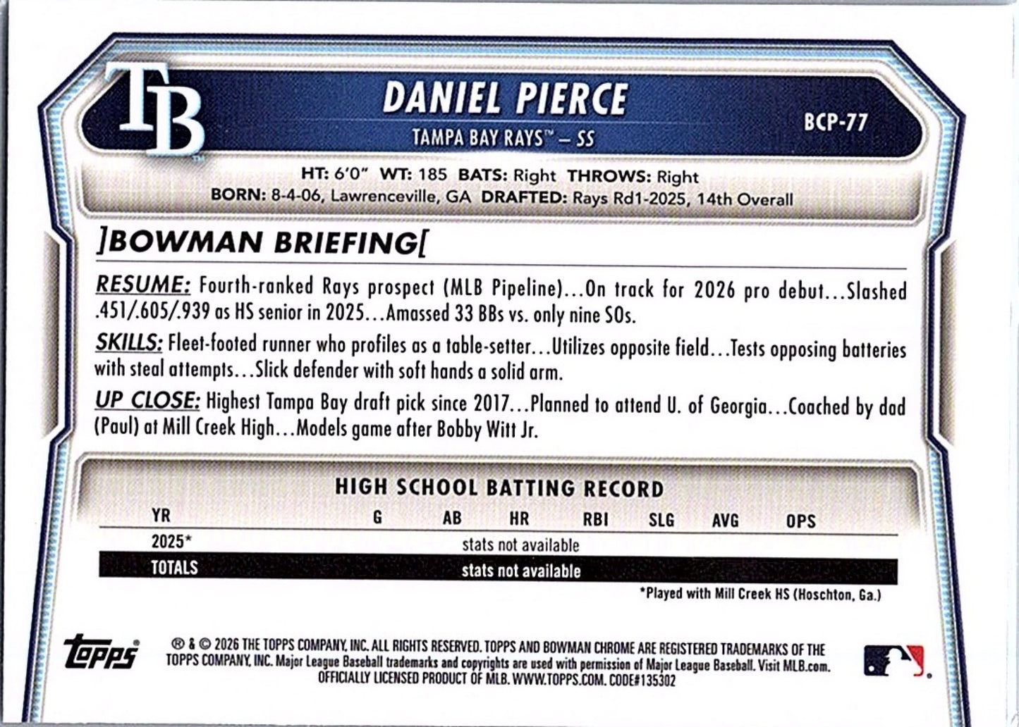 2026 Bowman DANIEL PIERCE #BCP-77 1st Prospect Rays