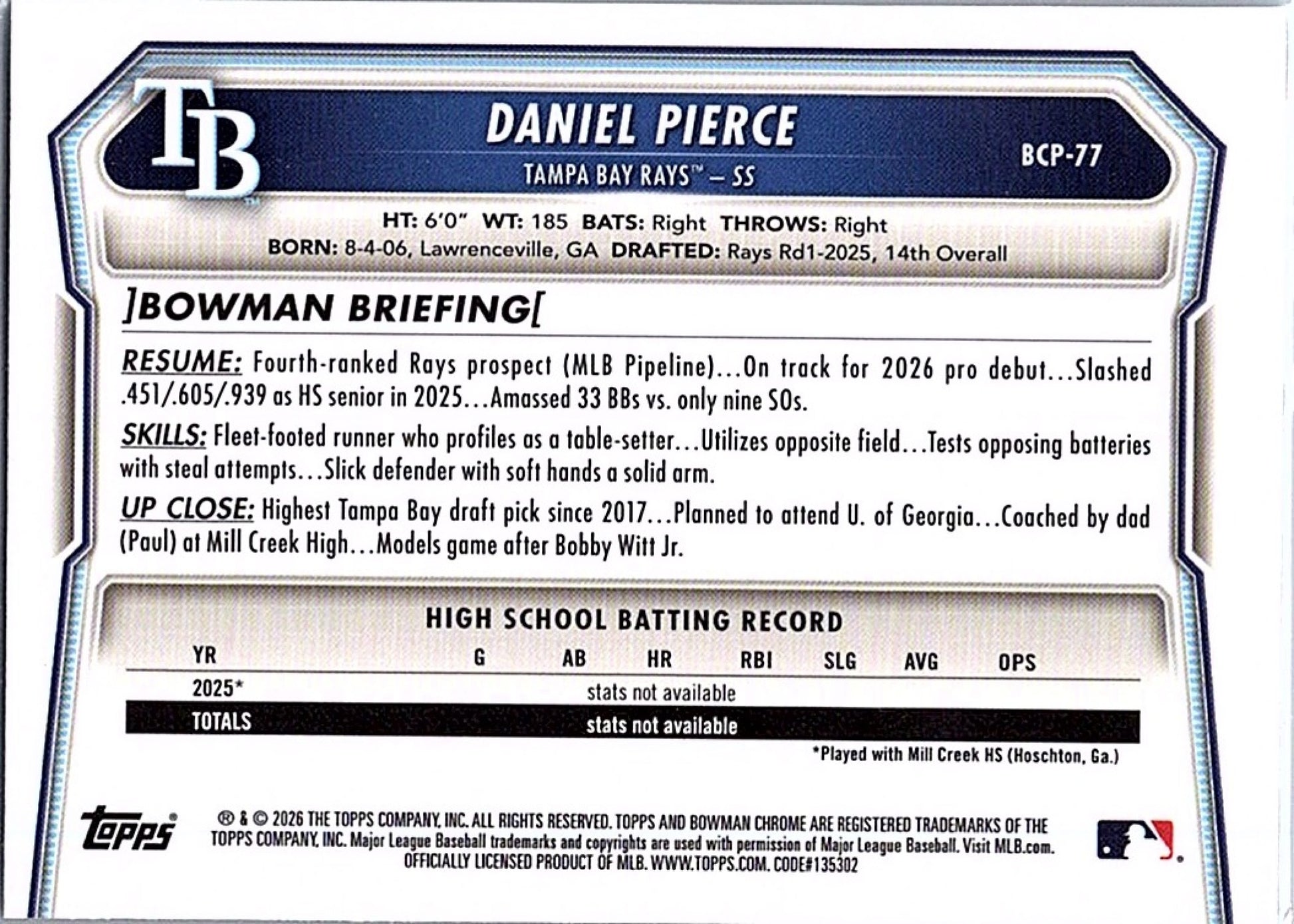 2026 Bowman DANIEL PIERCE #BCP-77 1st Prospect Rays