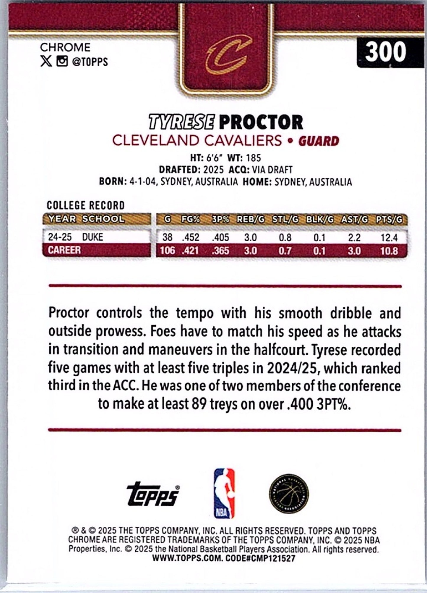 2025-26 Topps Chrome TYRESE PROCTOR #300 Prism Refractor RC Cavaliers