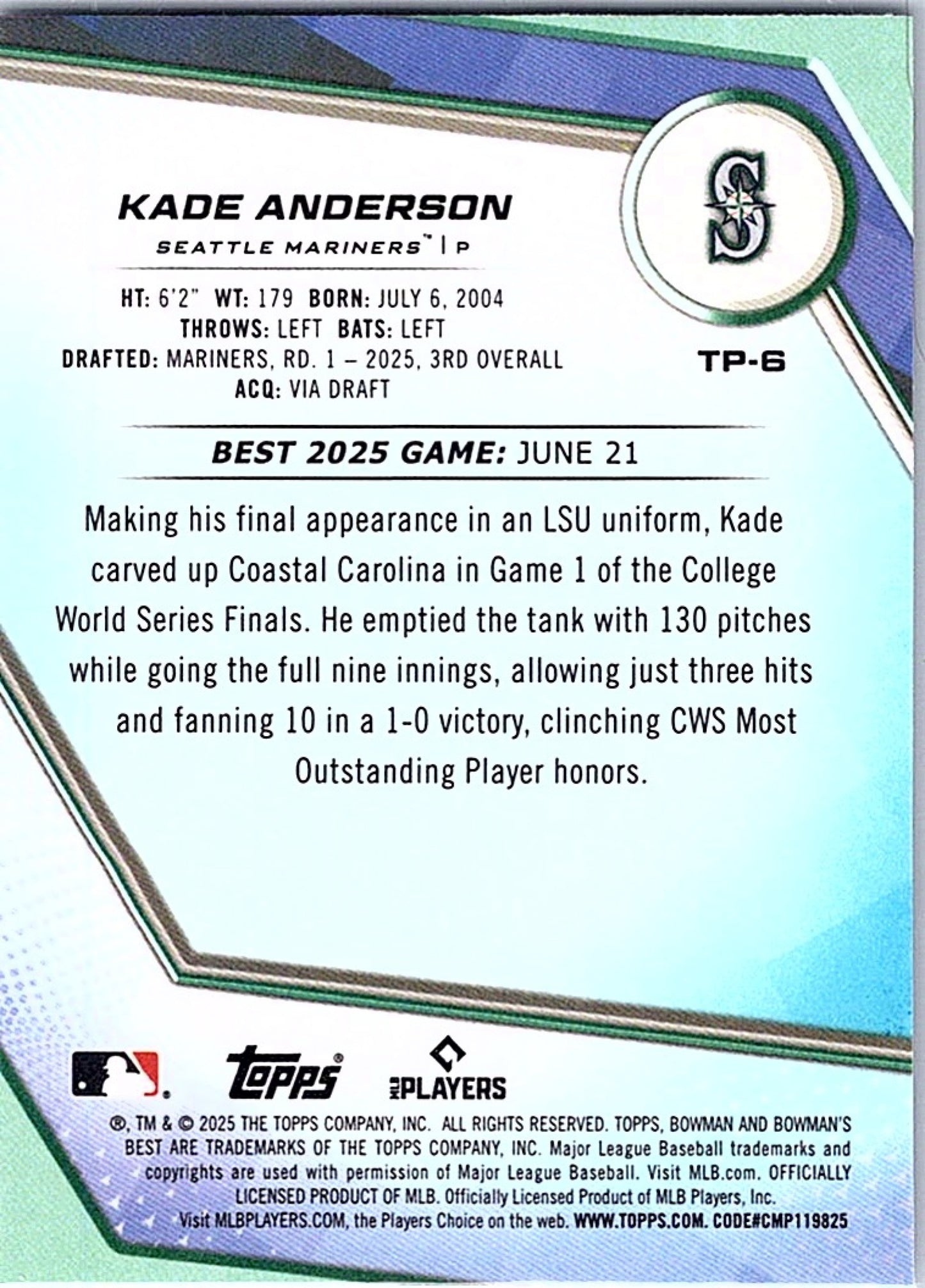 2025 Bowman's Best KADE ANDERSON #TP-6 Mariners