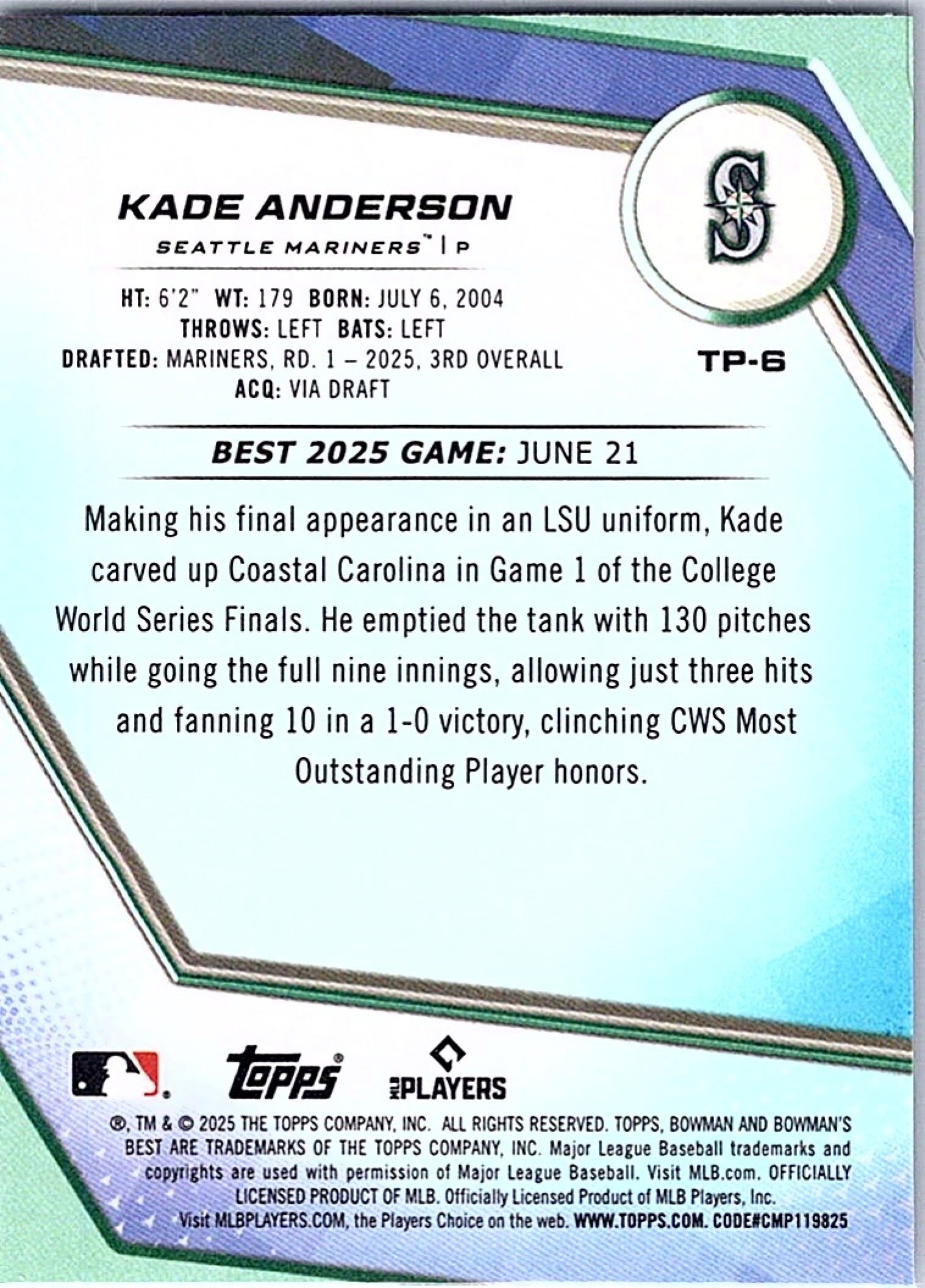 2025 Bowman's Best KADE ANDERSON #TP-6 Mariners