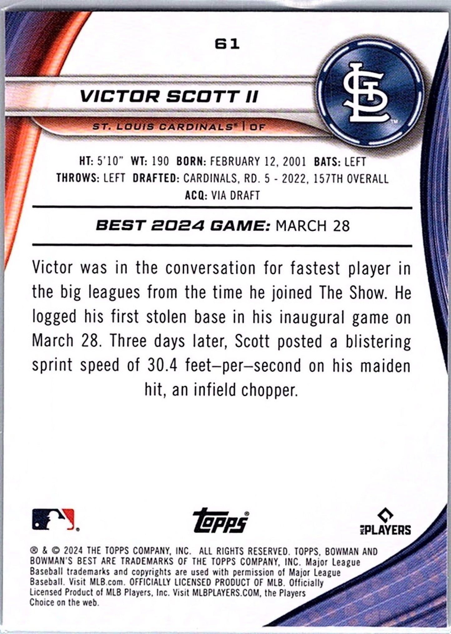 2024 Bowman's Best VICTOR SCOTT II #61 RC Cardinals Baseball Prospect Card