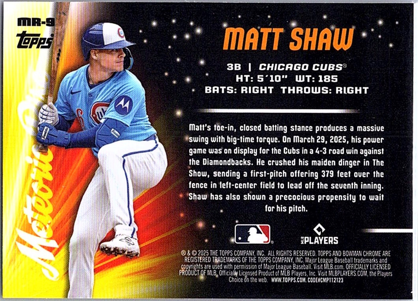 2025 Bowman Chrome MATT SHAW #MR-9 RC Cubs
