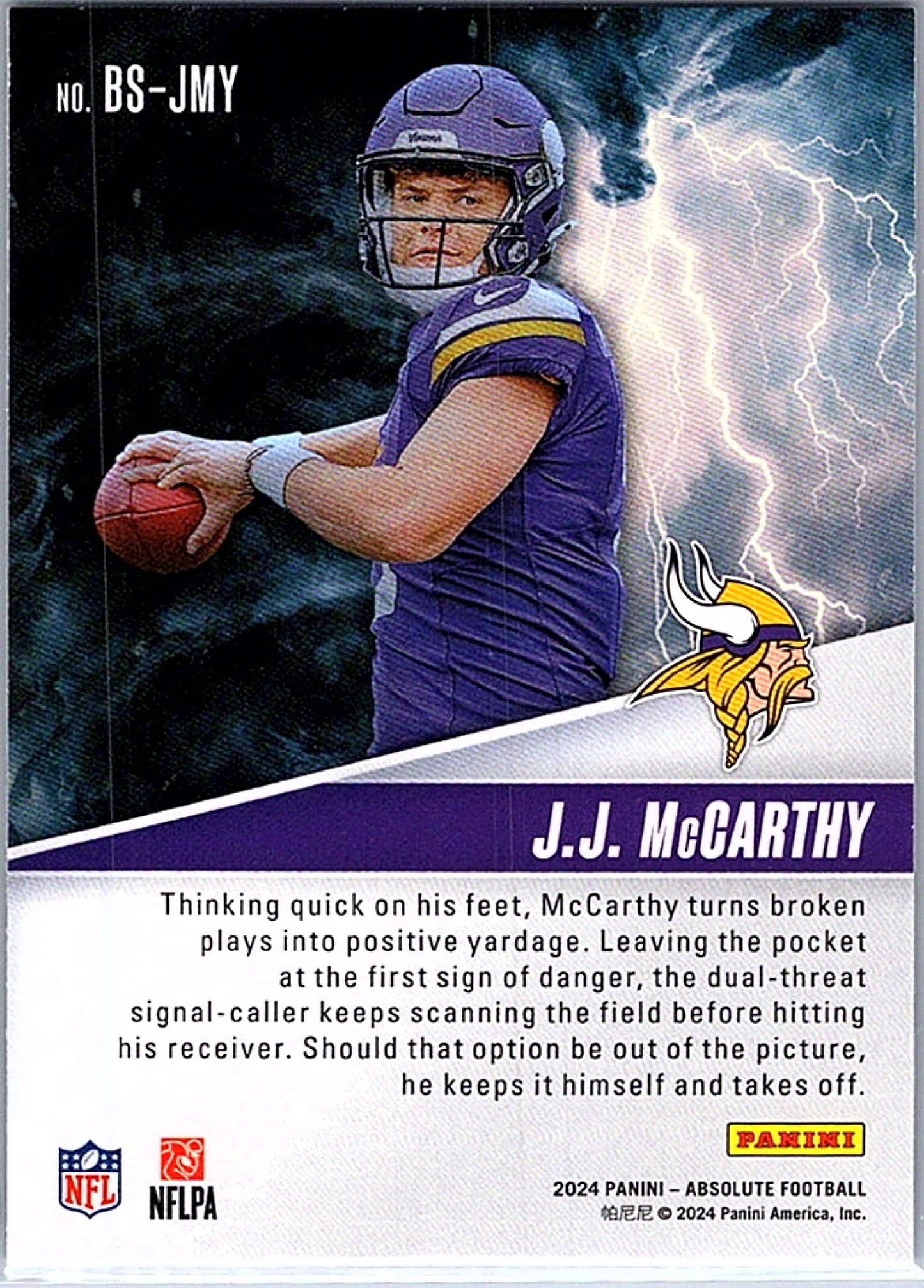 2024 Panini Absolute J.J. MCCARTHY #BS-JMY By Storm RC Vikings