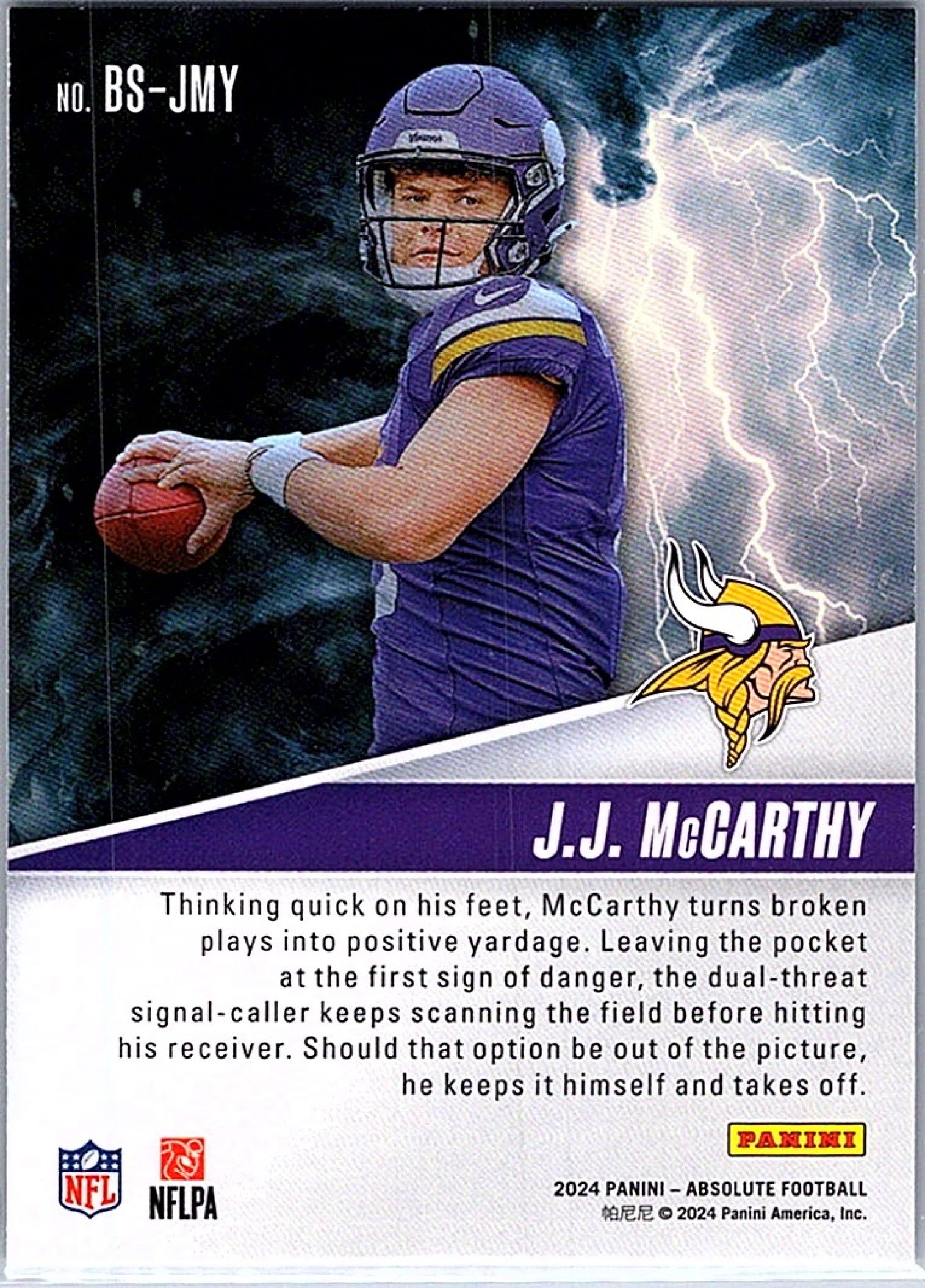 2024 Panini Absolute J.J. MCCARTHY #BS-JMY By Storm RC Vikings