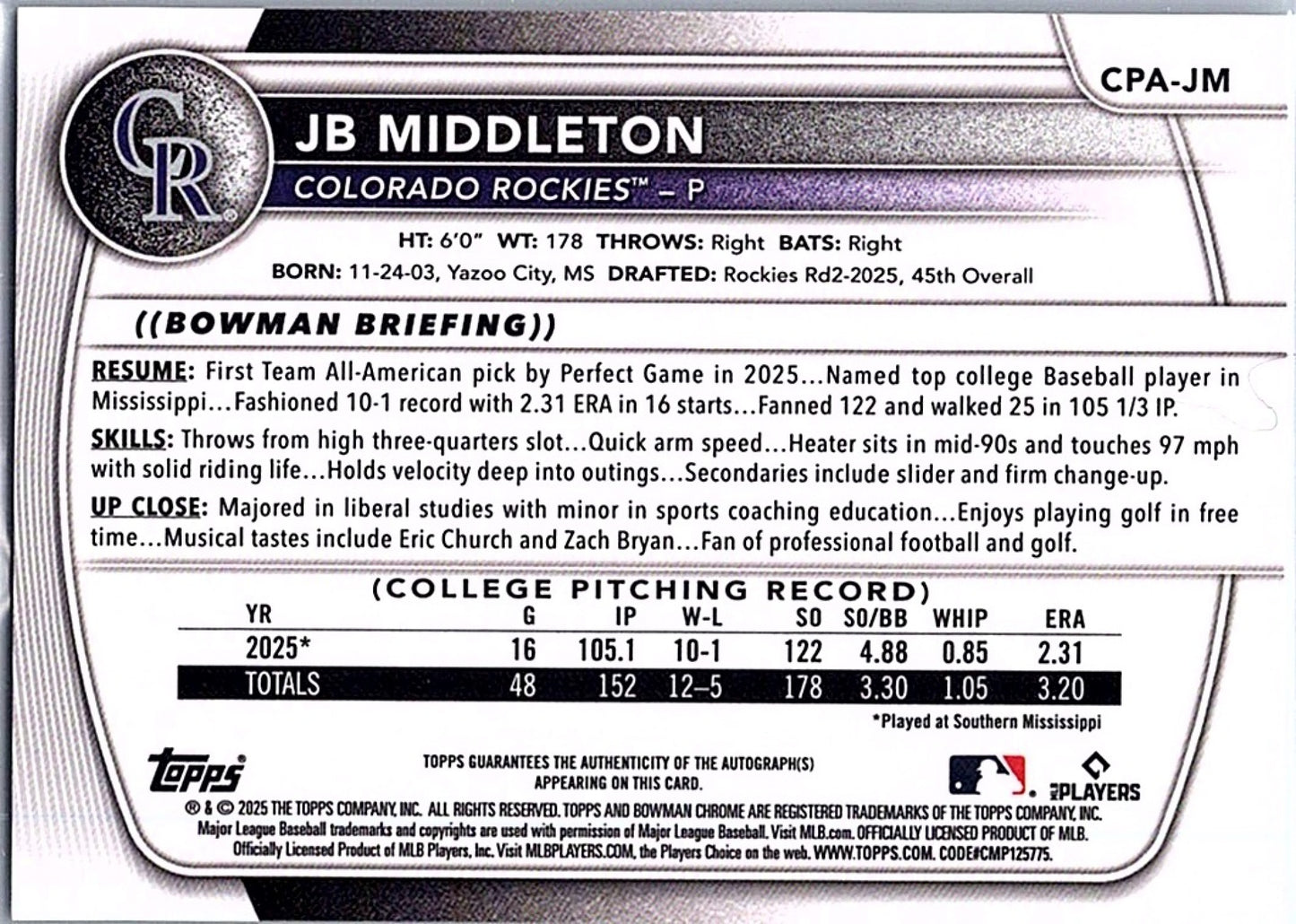 2025 Bowman Draft JB MIDDLETON #CPA-JM 1st Prospect Auto Rockies