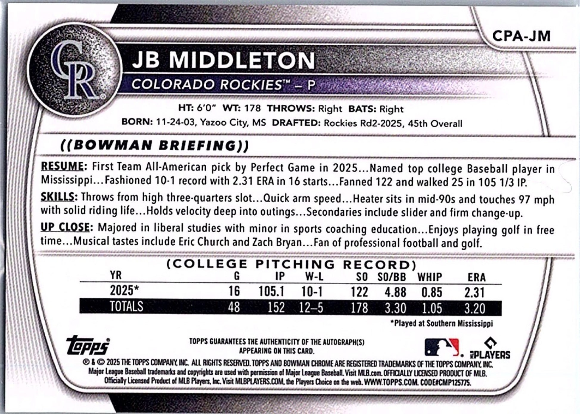 2025 Bowman Draft JB MIDDLETON #CPA-JM 1st Prospect Auto Rockies