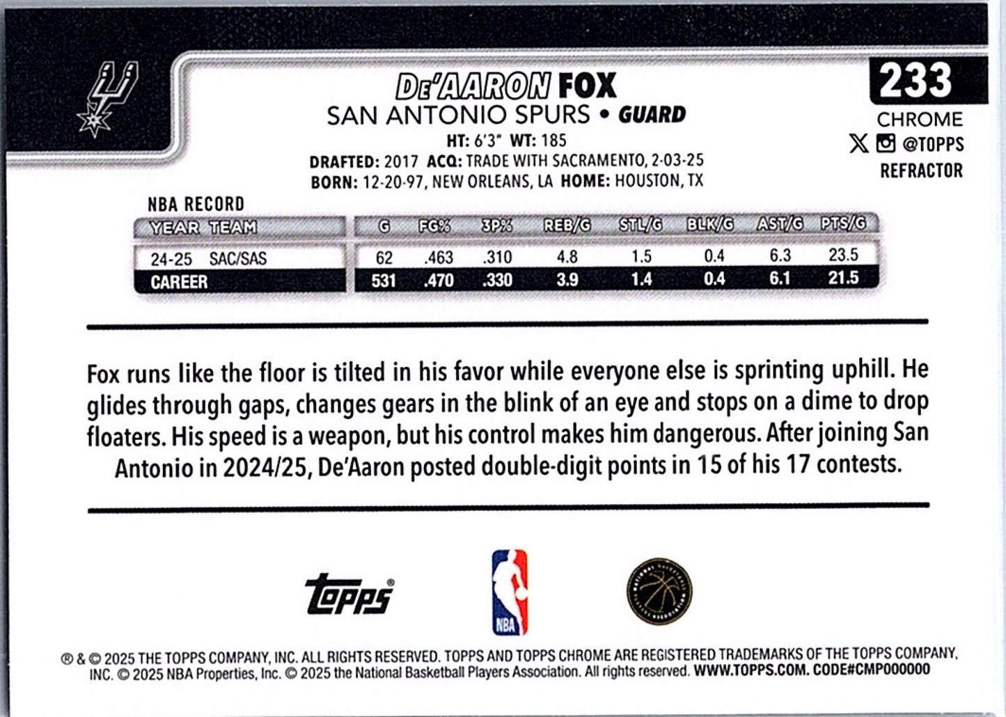 2025-26 Topps Chrome DE'AARON FOX #233 Refractor Spurs