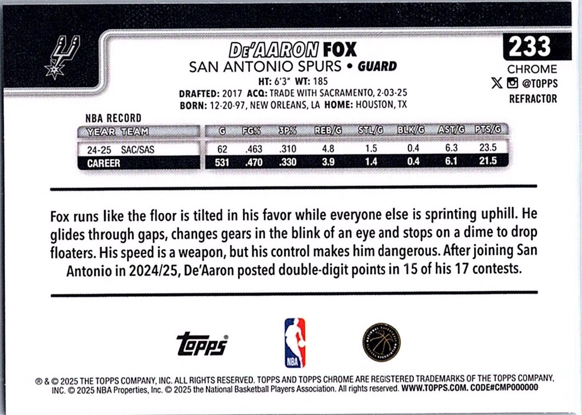 2025-26 Topps Chrome DE'AARON FOX #233 Refractor Spurs