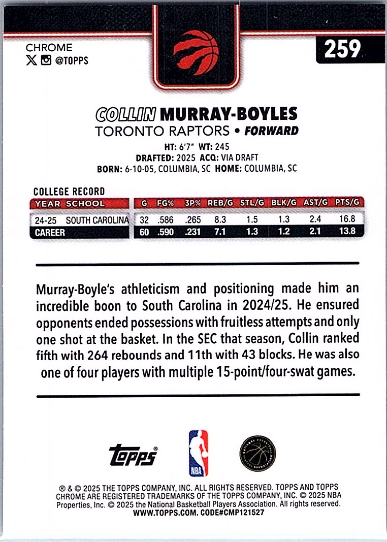 2025-26 Topps Chrome COLLIN MURRAY-BOYLES #259 RayWave Refractor RC Raptors