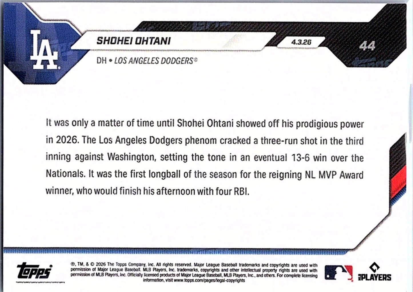 2026 Topps Now SHOHEI OHTANI #44 - Dodgers