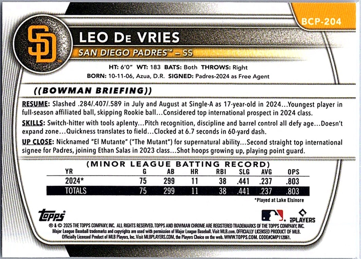 2025 Bowman Chrome LEO DE VRIES #BCP-204 Padres 1st Prospect Baseball RC