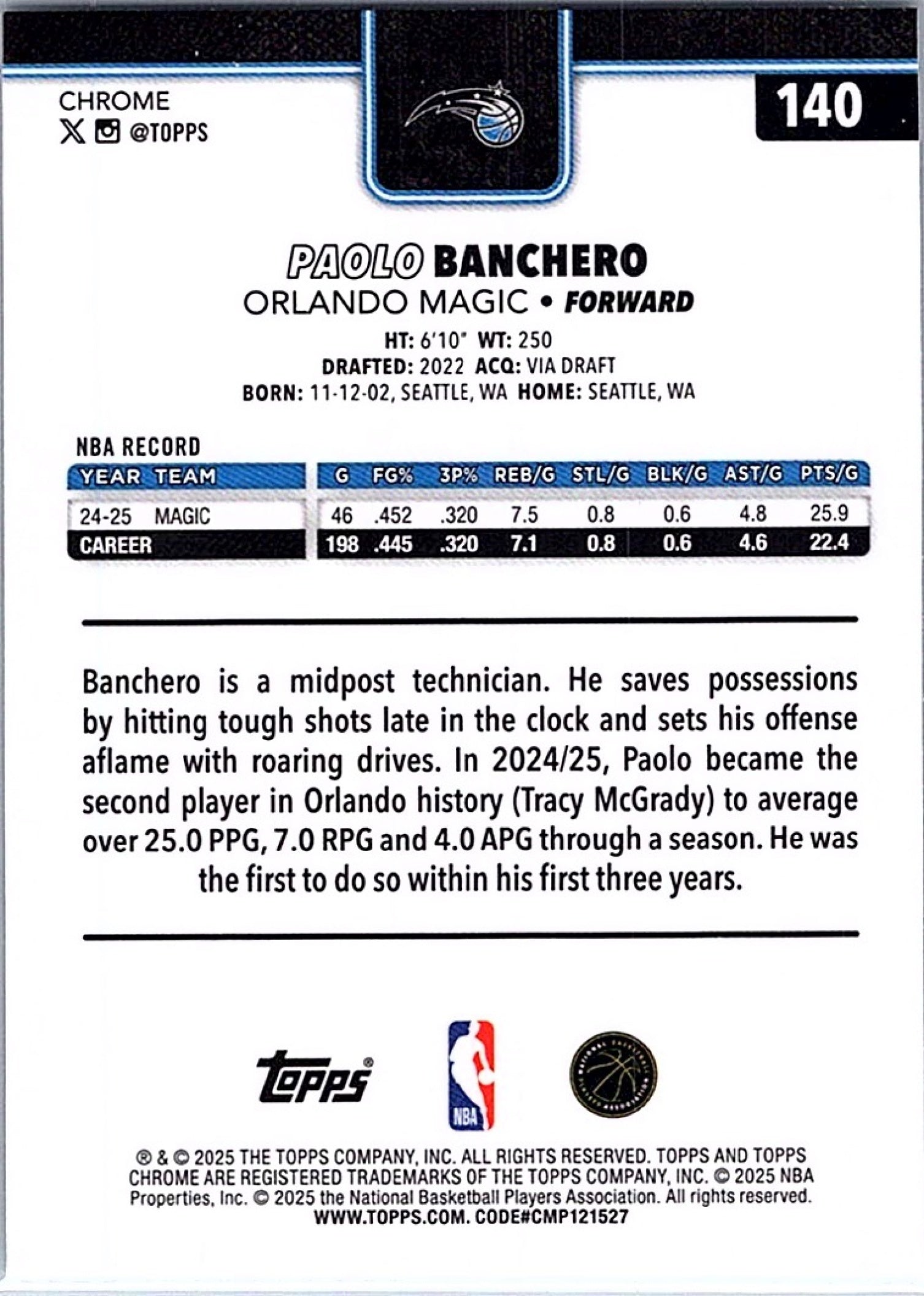2025-26 Topps Chrome PAOLO BANCHERO #140 RayWave Refractor Magic