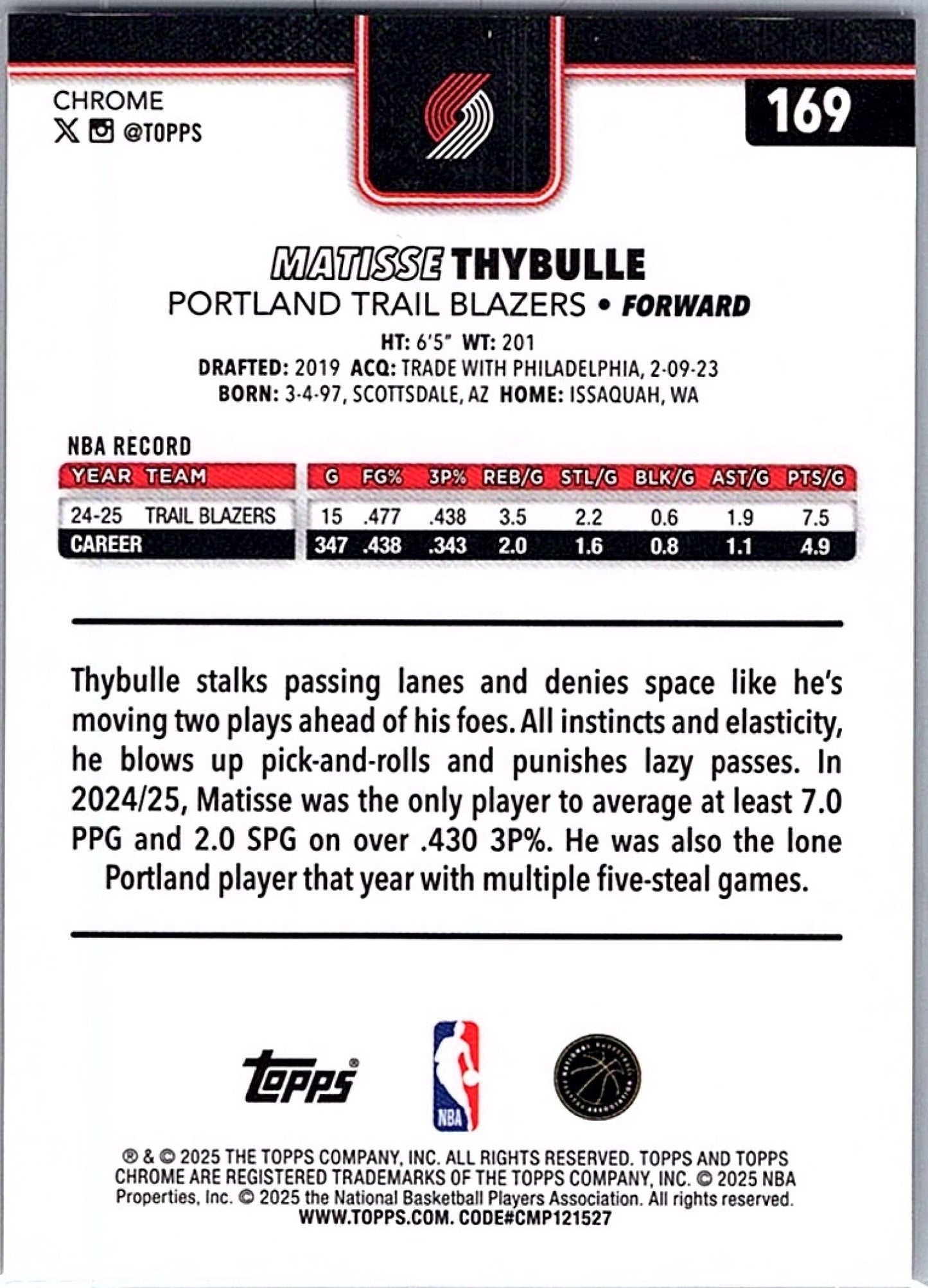 2025 TOPPS CHROME MATISSE THYBULLE #169 PULSAR GOLD REFRACTOR /50