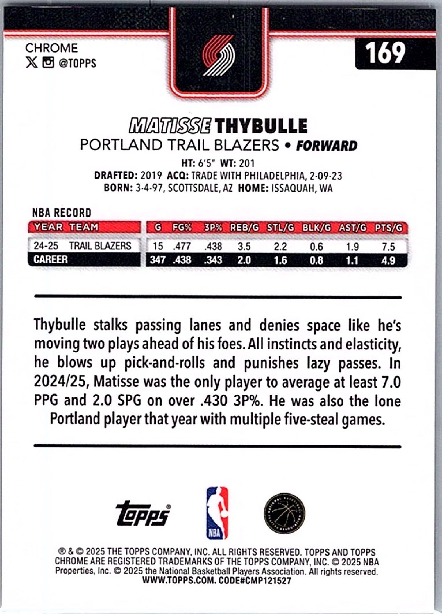2025 TOPPS CHROME MATISSE THYBULLE #169 PULSAR GOLD REFRACTOR /50
