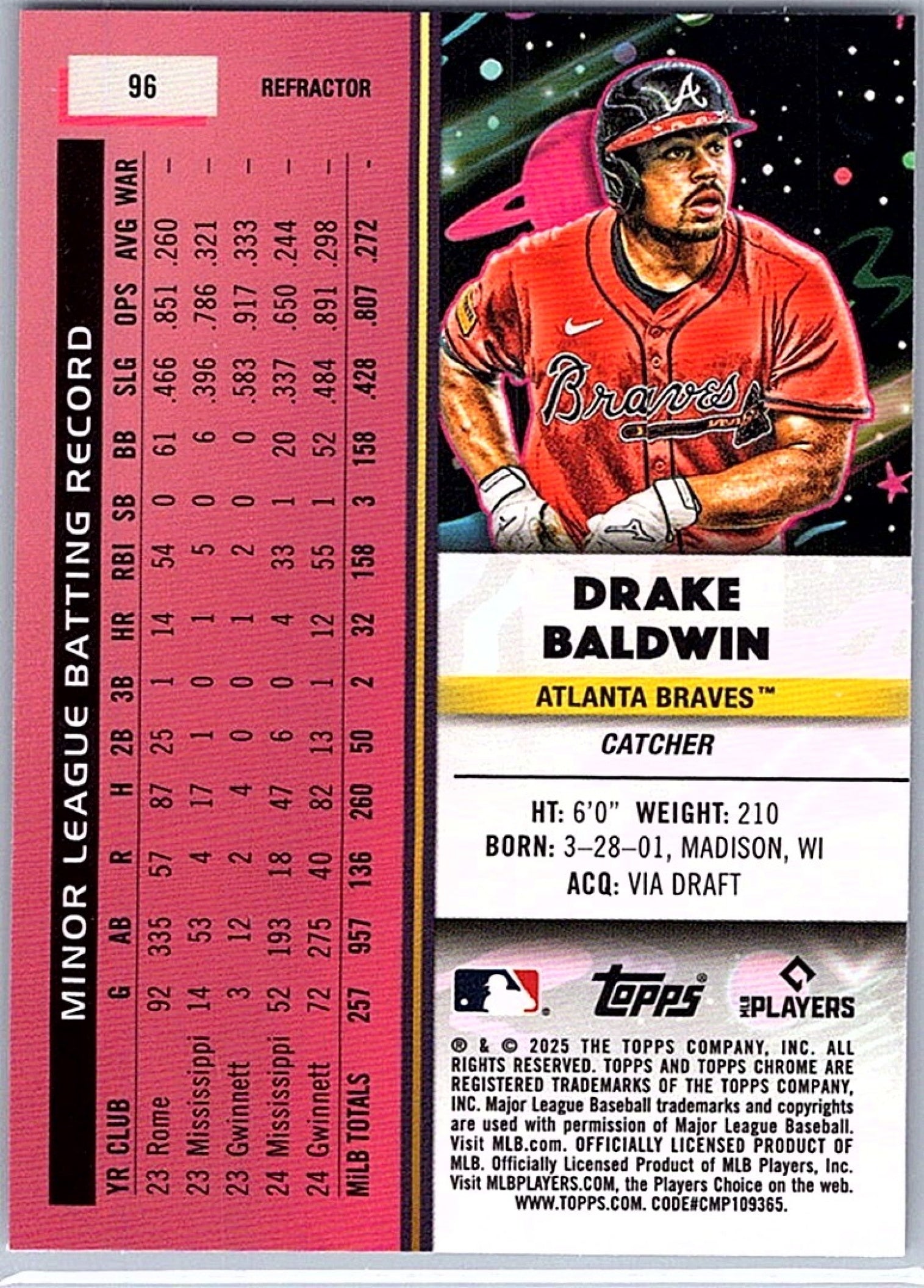 2025 Topps Cosmic Chrome DRAKE BALDWIN #96 Refractor RC Braves