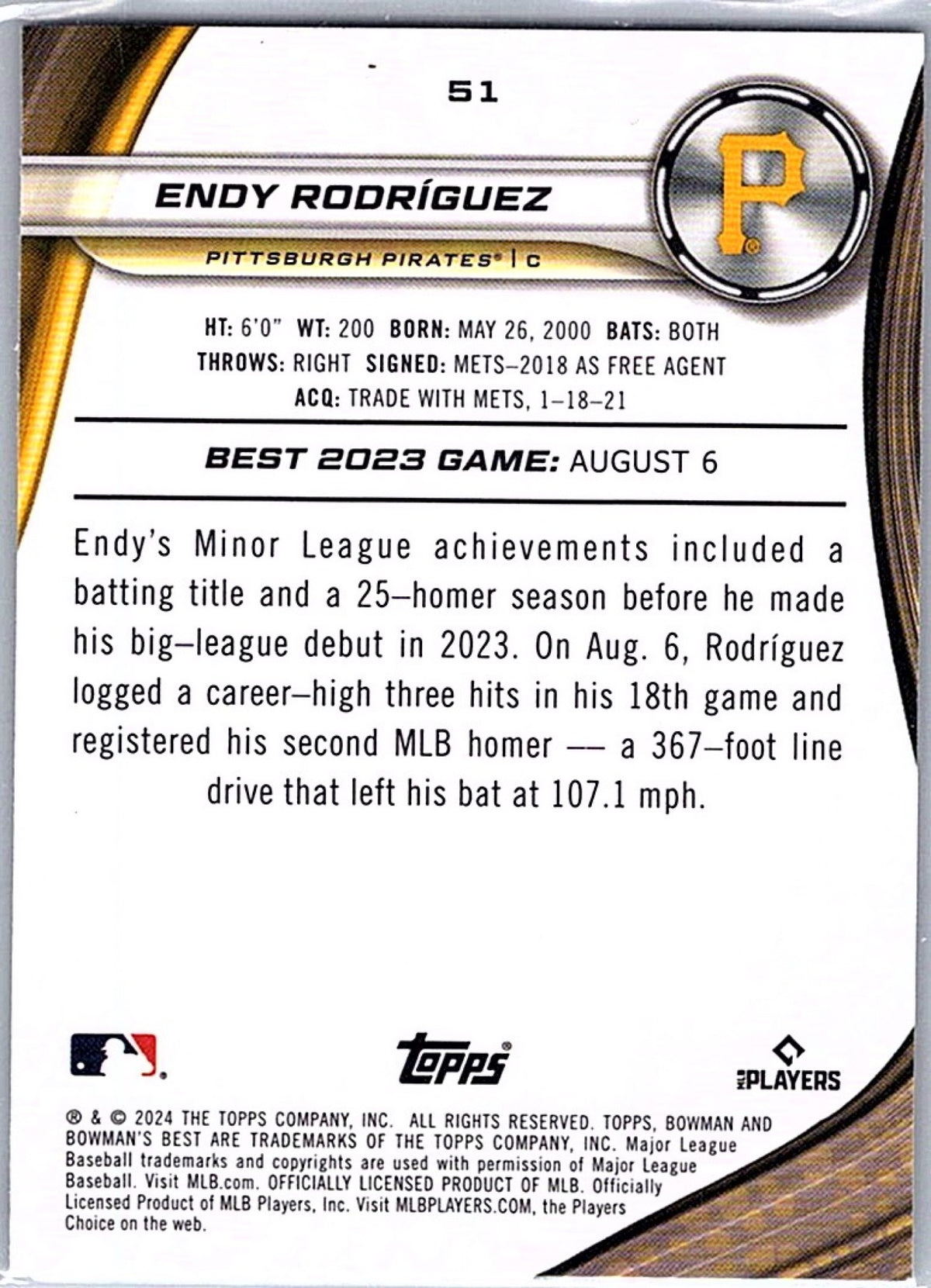 2024 Bowman's Best ENDY RODRIGUEZ #51 RC Pittsburgh Pirates Baseball Card
