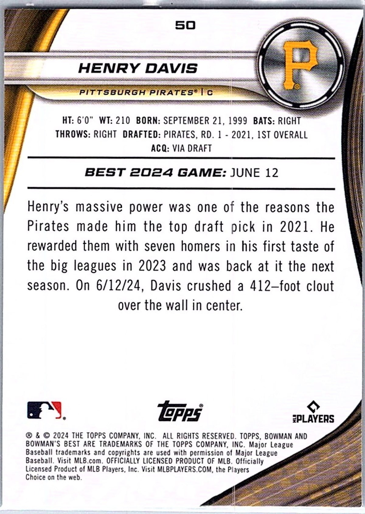 2024 Bowman's Best HENRY DAVIS #50 RC Pittsburgh Pirates Baseball Card
