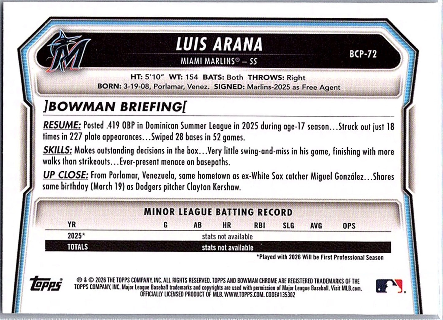 2026 Bowman LUIS ARANA #BCP-72 1st Prospect Miami Marlins Baseball RC Card