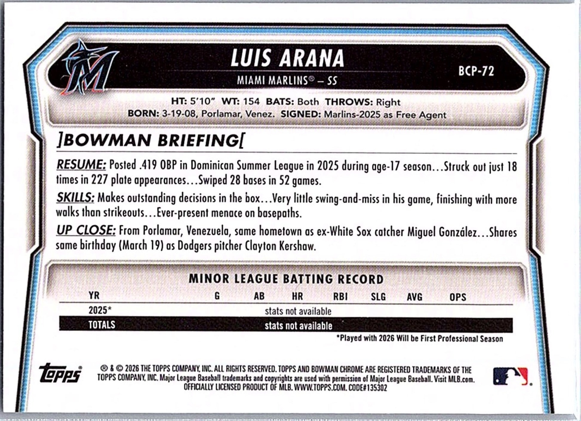 2026 Bowman LUIS ARANA #BCP-72 1st Prospect Miami Marlins Baseball RC Card