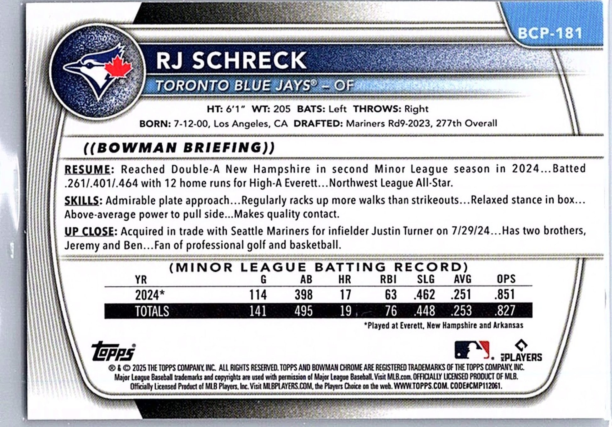 2025 Bowman Chrome RJ SCHRECK #BCP-181 1st Prospect Blue Jays