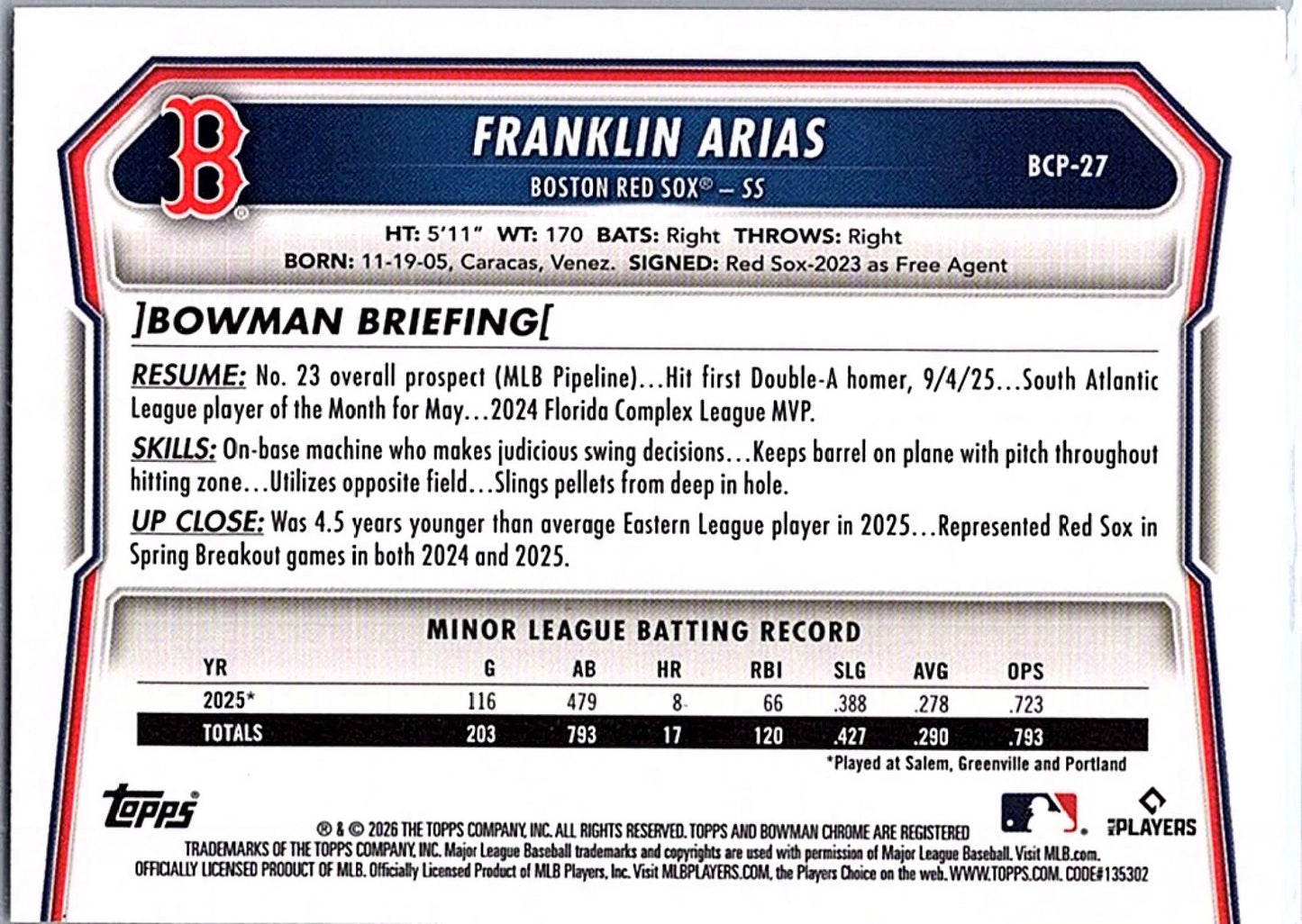 2026 Bowman FRANKLIN ARIAS #BCP-27 Red Sox 1st Prospect Baseball RC Card