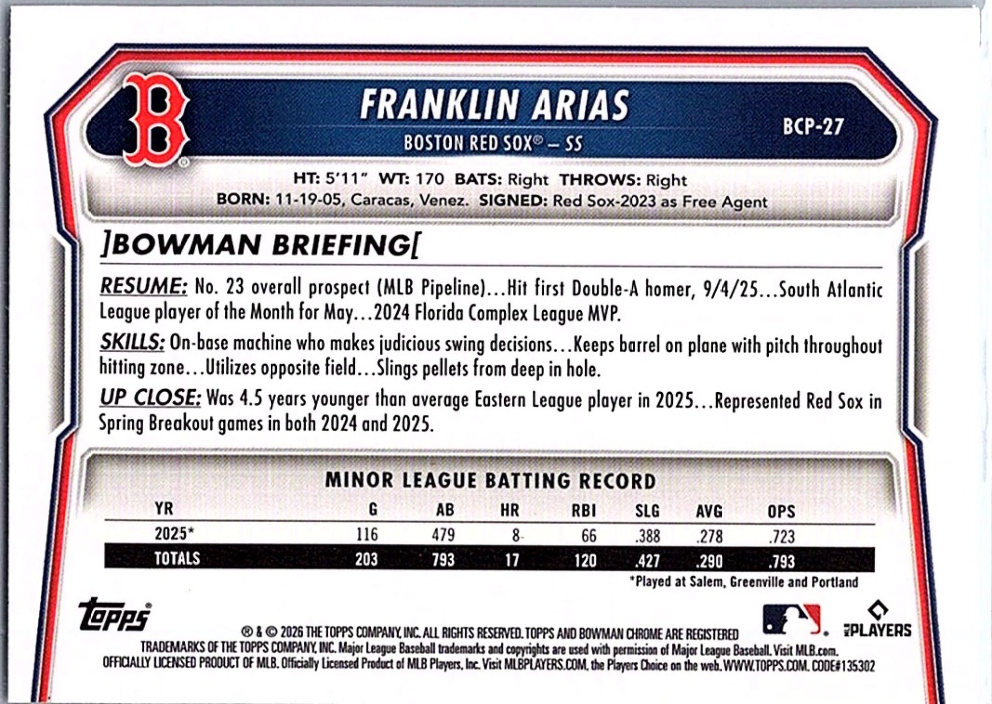 2026 Bowman FRANKLIN ARIAS #BCP-27 Red Sox 1st Prospect Baseball RC Card