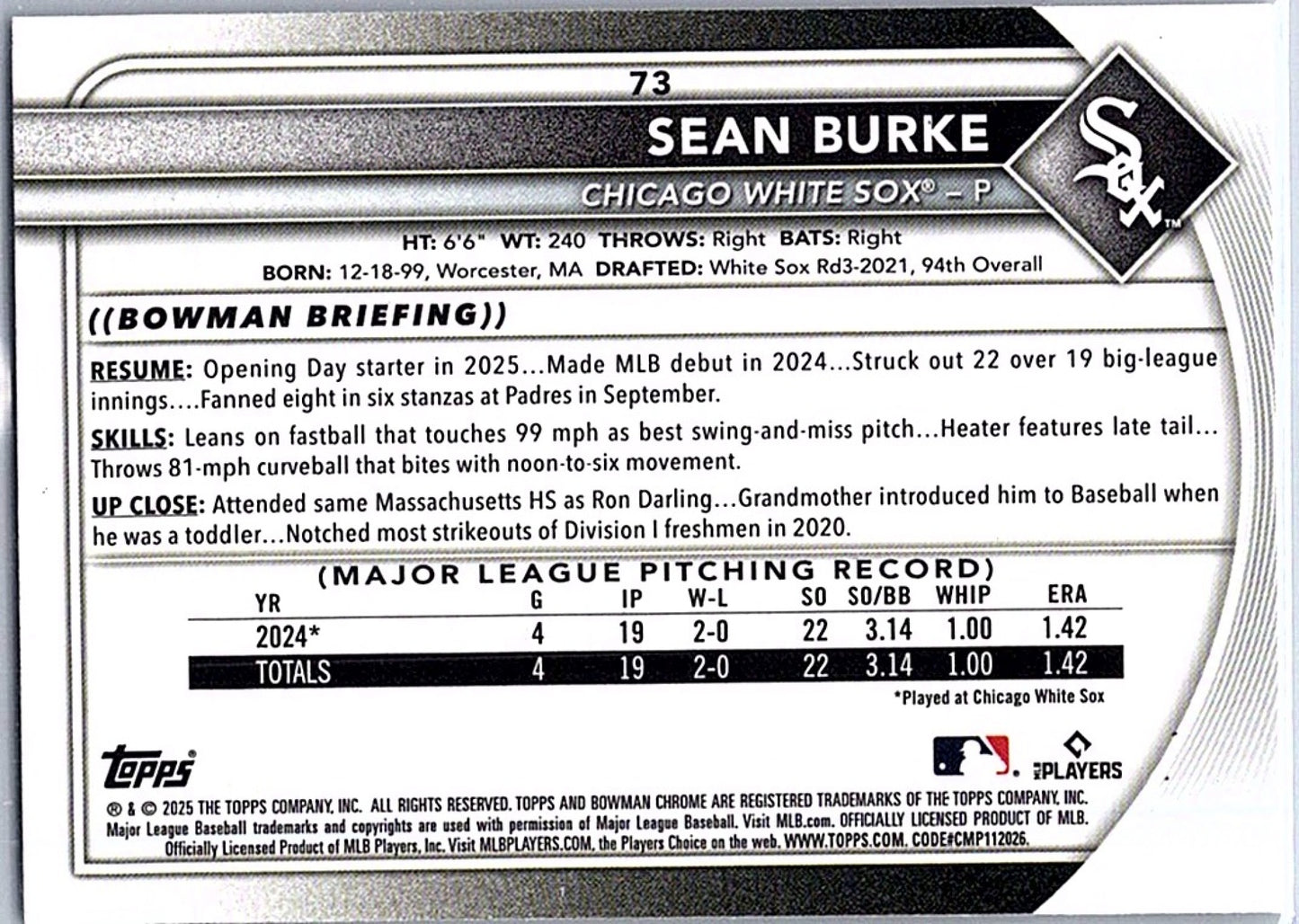 2025 Bowman Chrome SEAN BURKE #73 RC White Sox